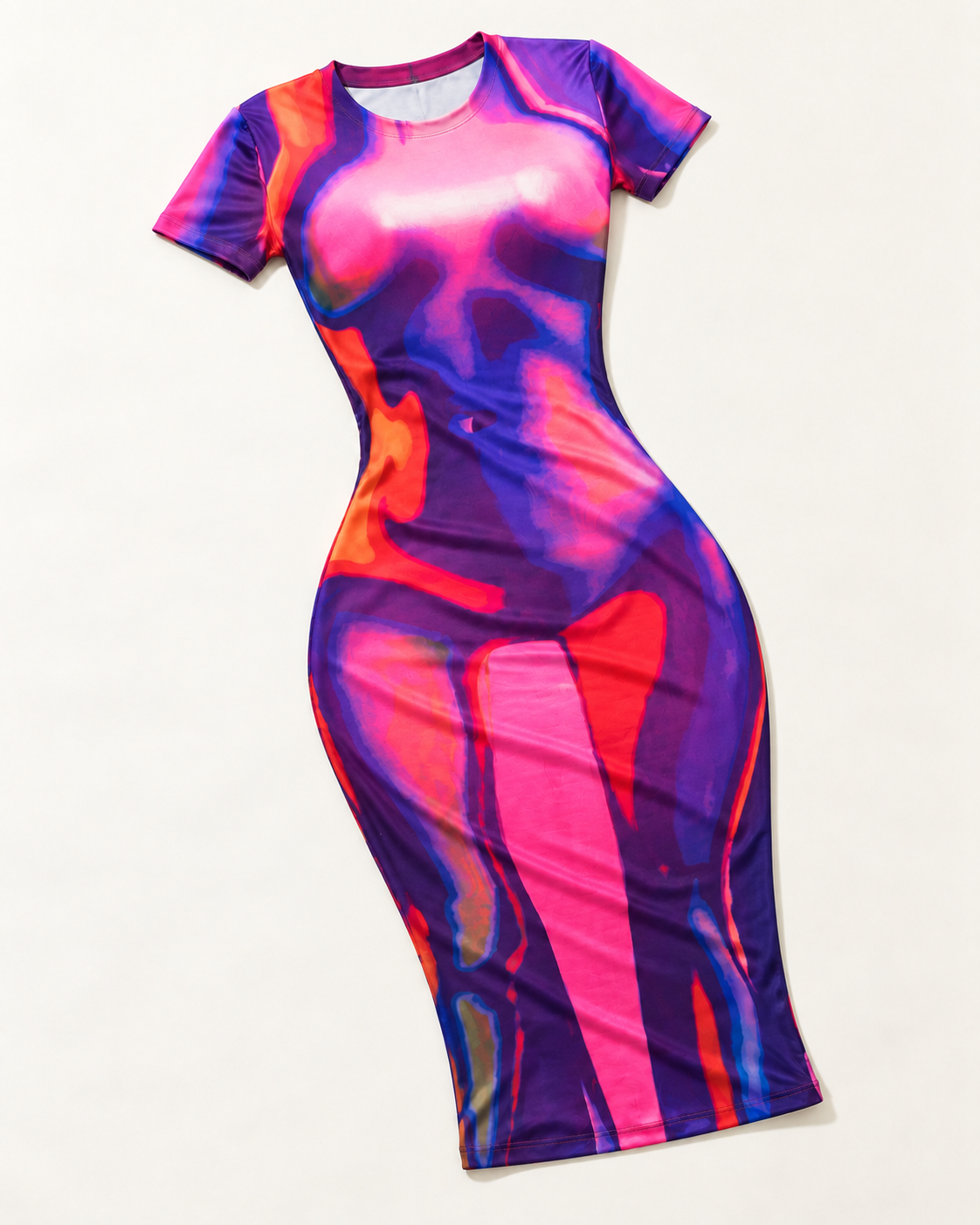 Pink metallic body heat printed midi dress, alternate front view on model