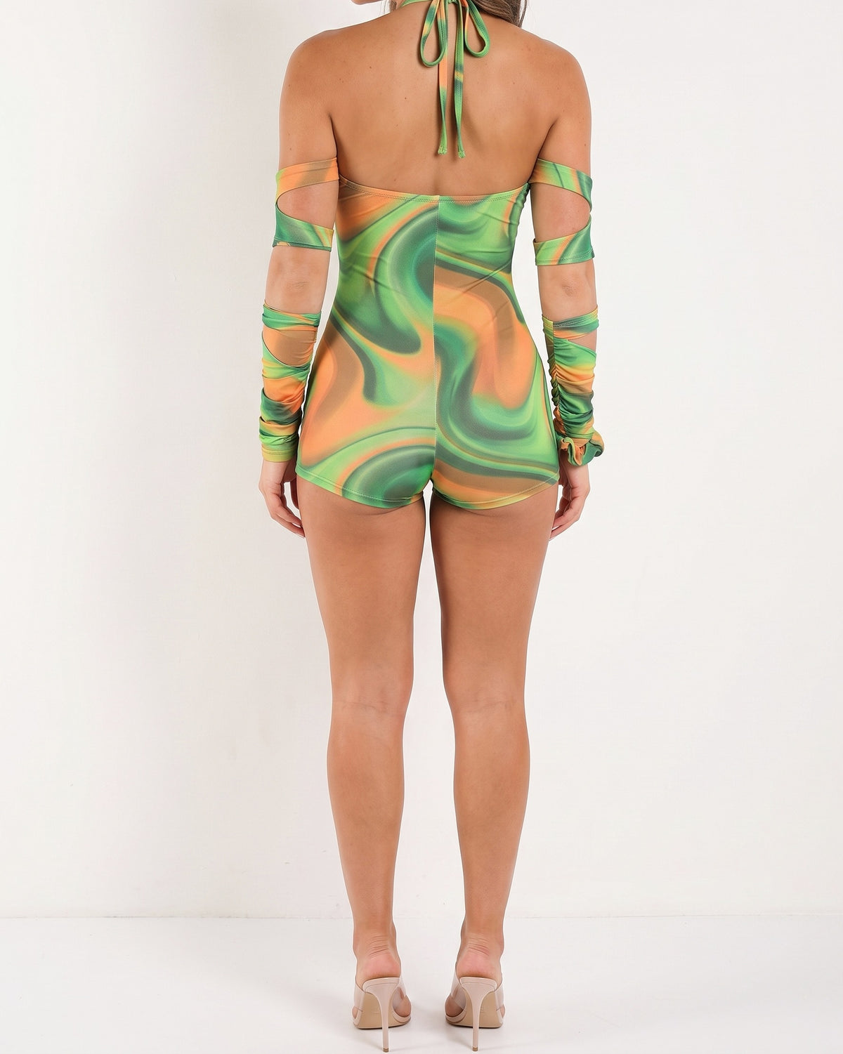 Lime strappy sleeve printed romper, back view on model