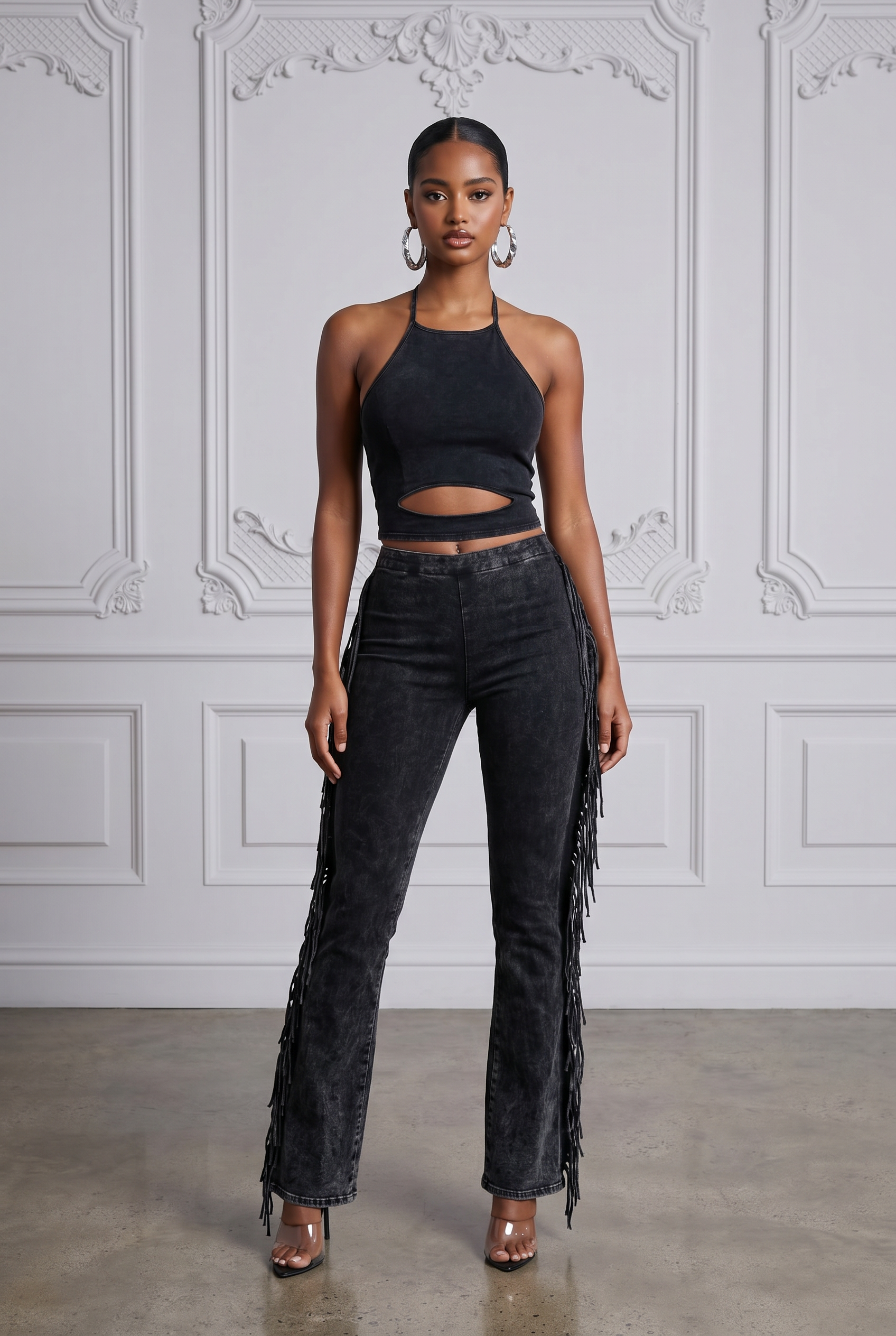 Fringe Trim Mineral Wash Pants in Charcoal Size S – Front View