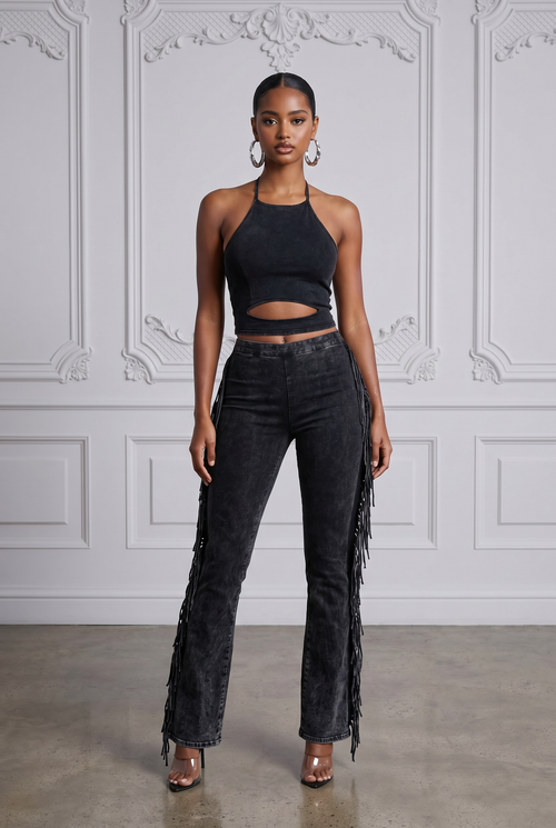 Fringe Trim Mineral Wash Pants in Charcoal Size S – Front View