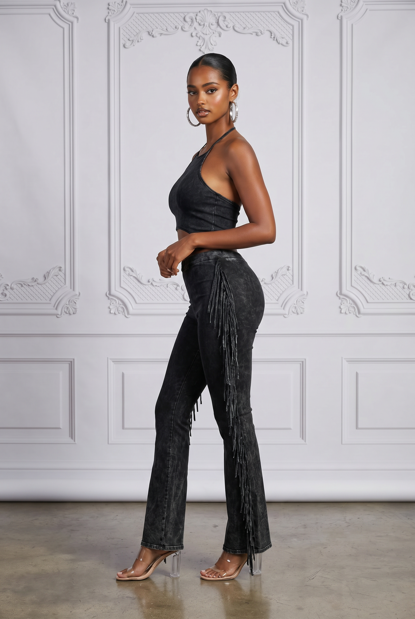 Fringe Trim Mineral Wash Pants in Charcoal Size L – Side View