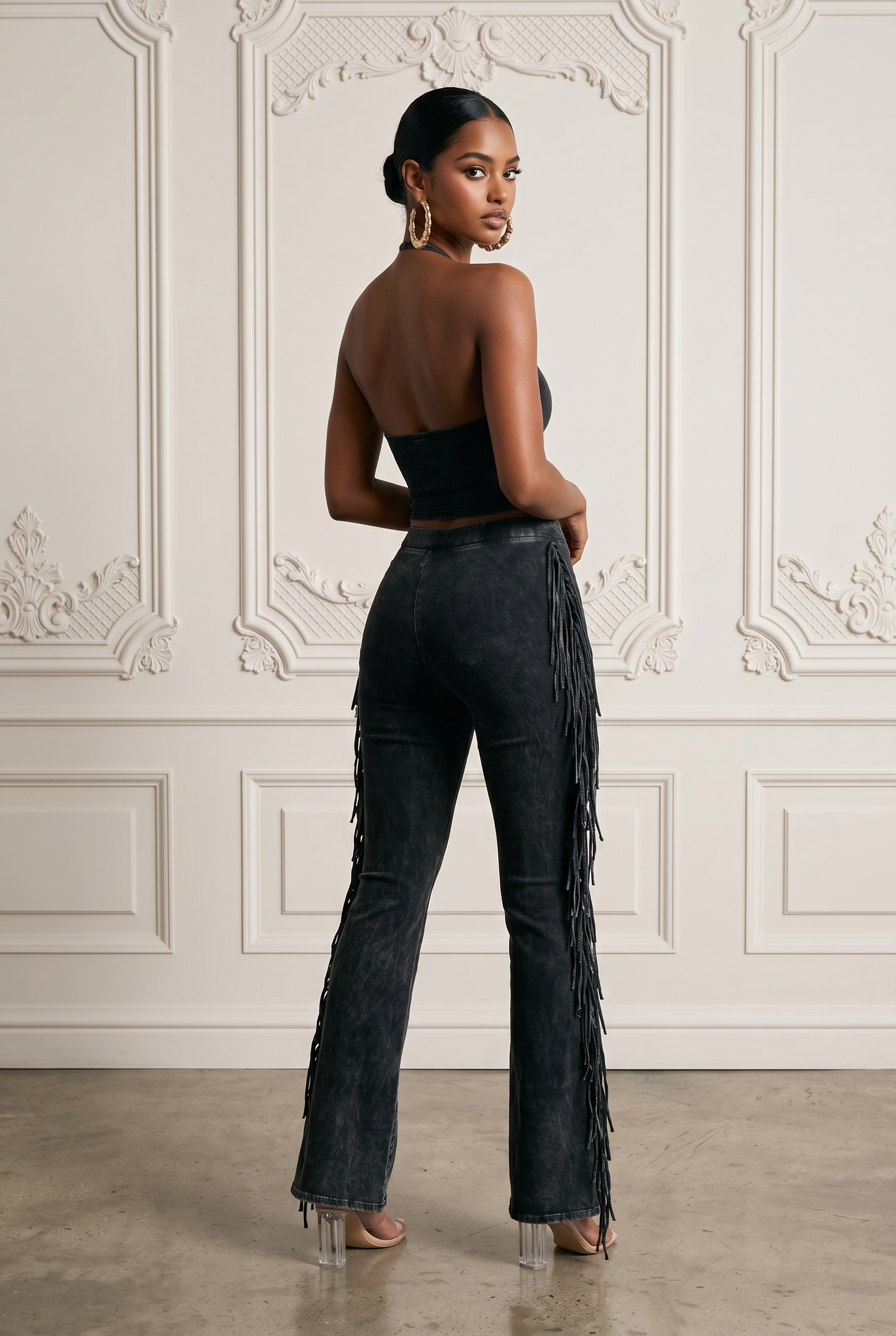 Fringe Trim Mineral Wash Pants in Charcoal Size M – Back View