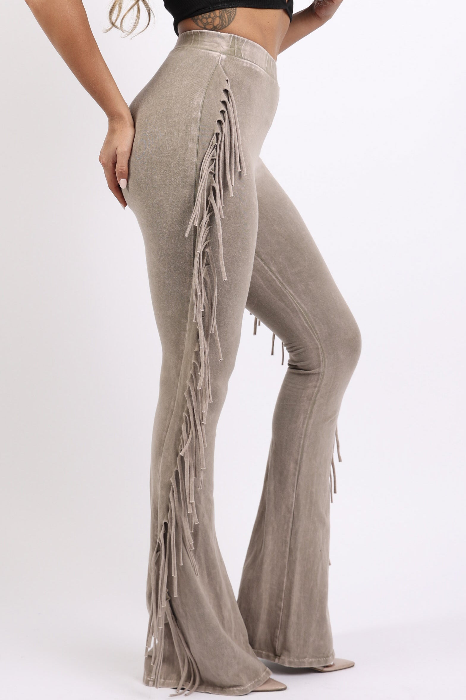 Fringe trim mineral wash wide leg pants styled outfit look