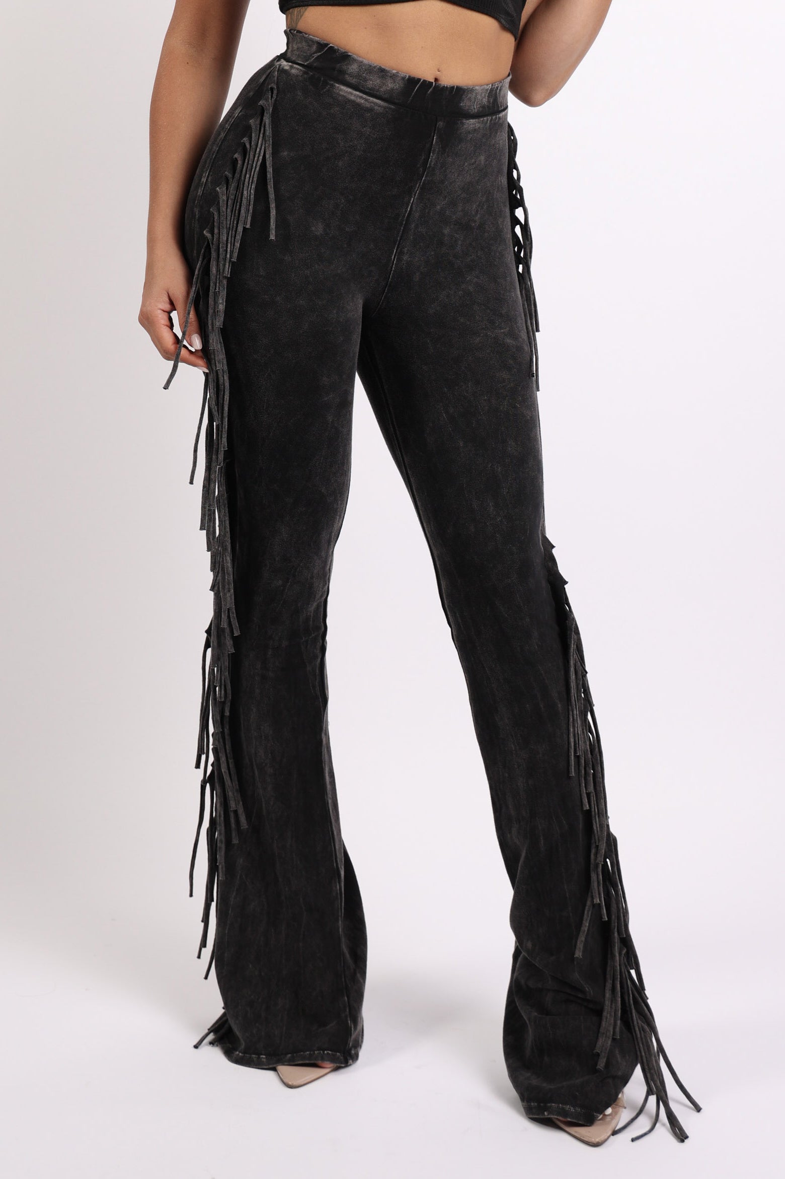 Fringe trim mineral wash wide leg pants showing full length
