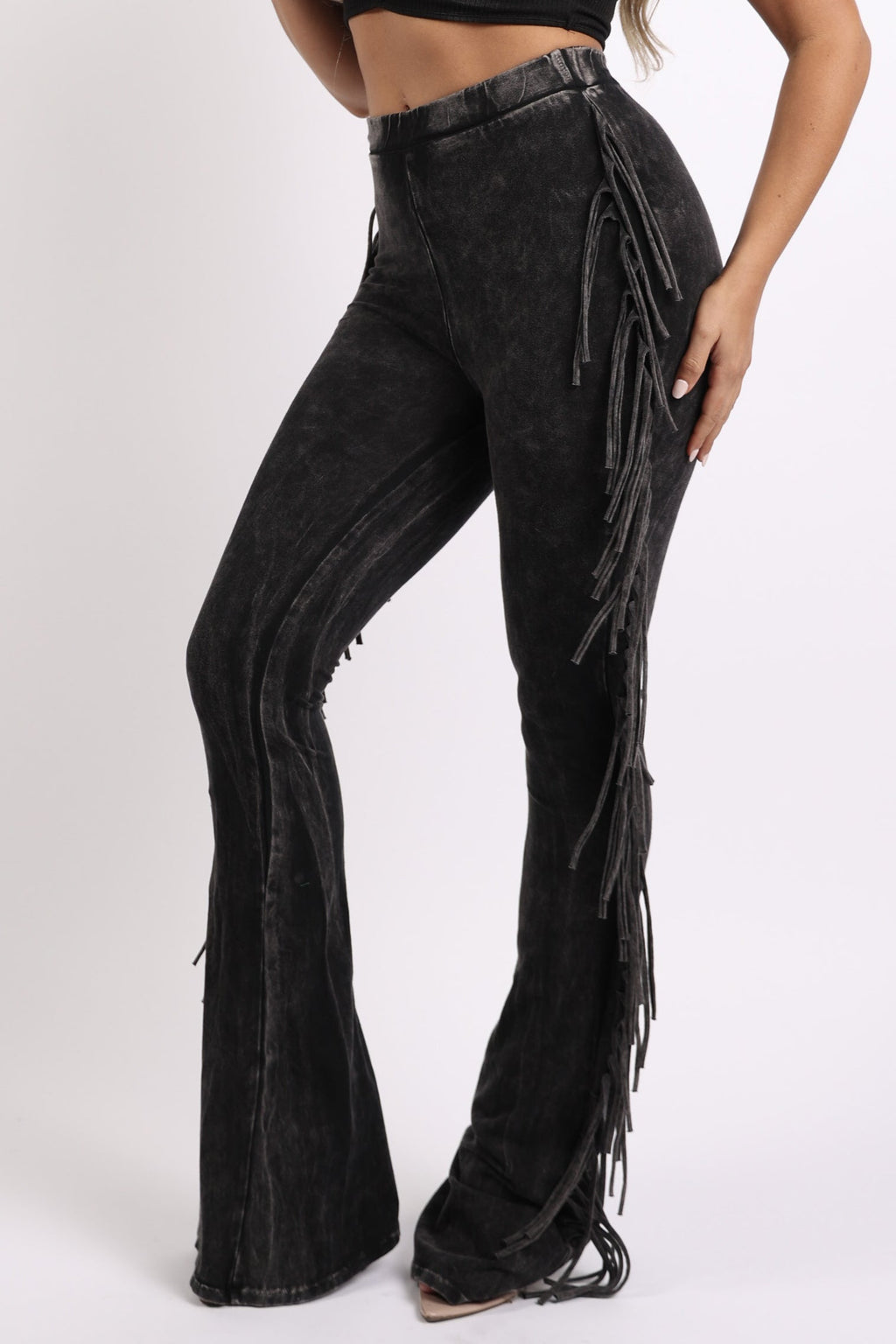 Fringe trim mineral wash wide leg pants, back view
