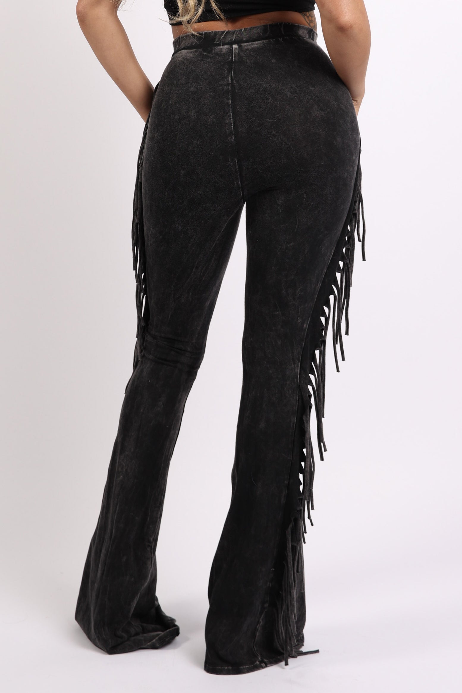 Fringe trim mineral wash wide leg pants, back view