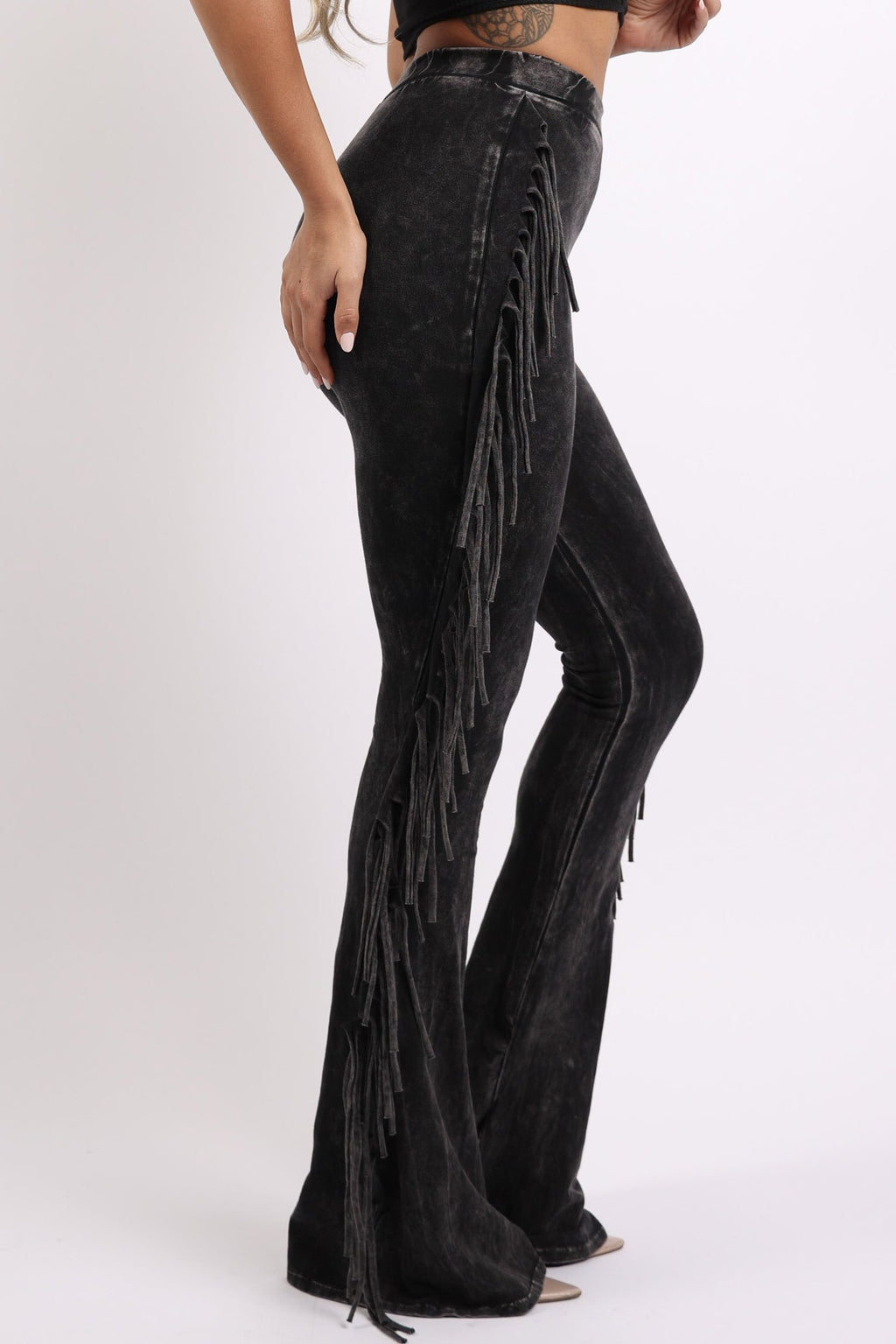 Fringe trim mineral wash wide leg pants, back view