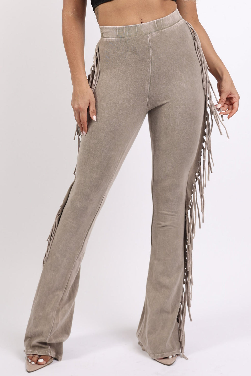 Taupe fringe trim mineral wash pants, alternate front view on model