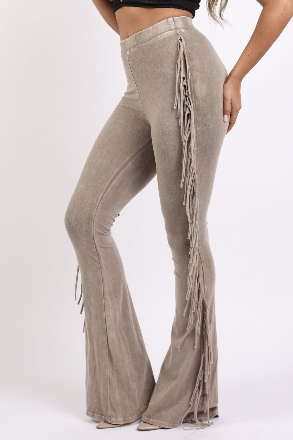 Fringe trim mineral wash wide leg pants styled outfit look