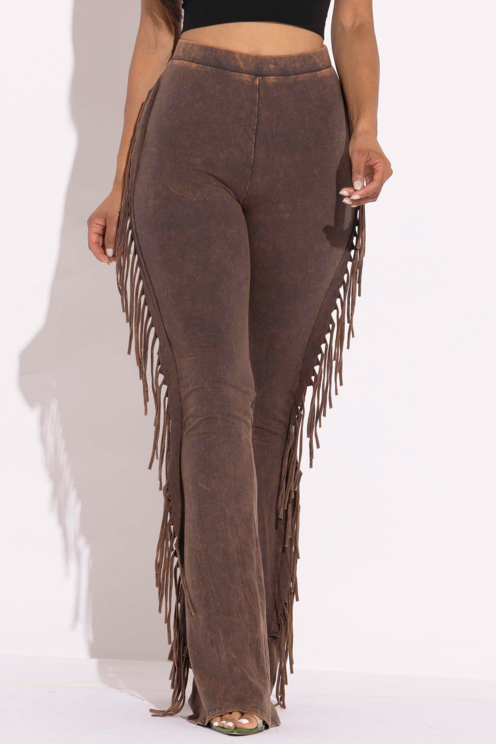 Brown fringe trim mineral wash wide leg pants styled outfit look