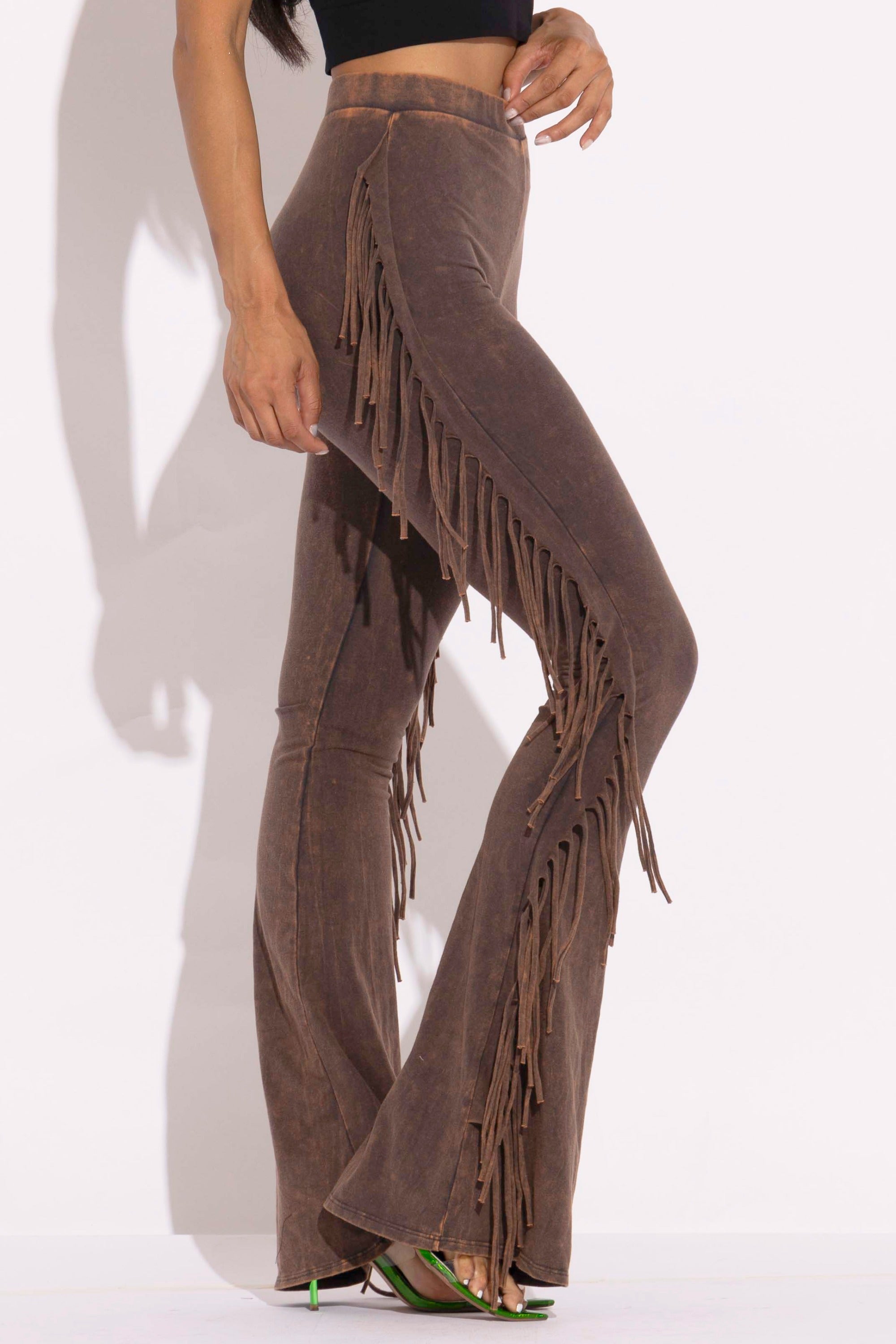 Brown fringe trim mineral wash wide leg pants styled outfit look