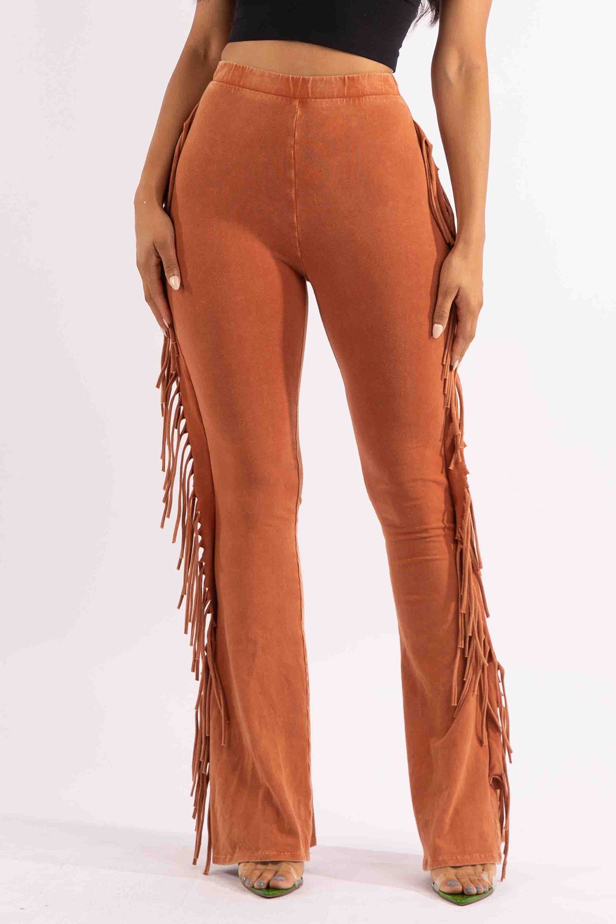 Camel fringe trim mineral wash wide leg pants styled outfit look
