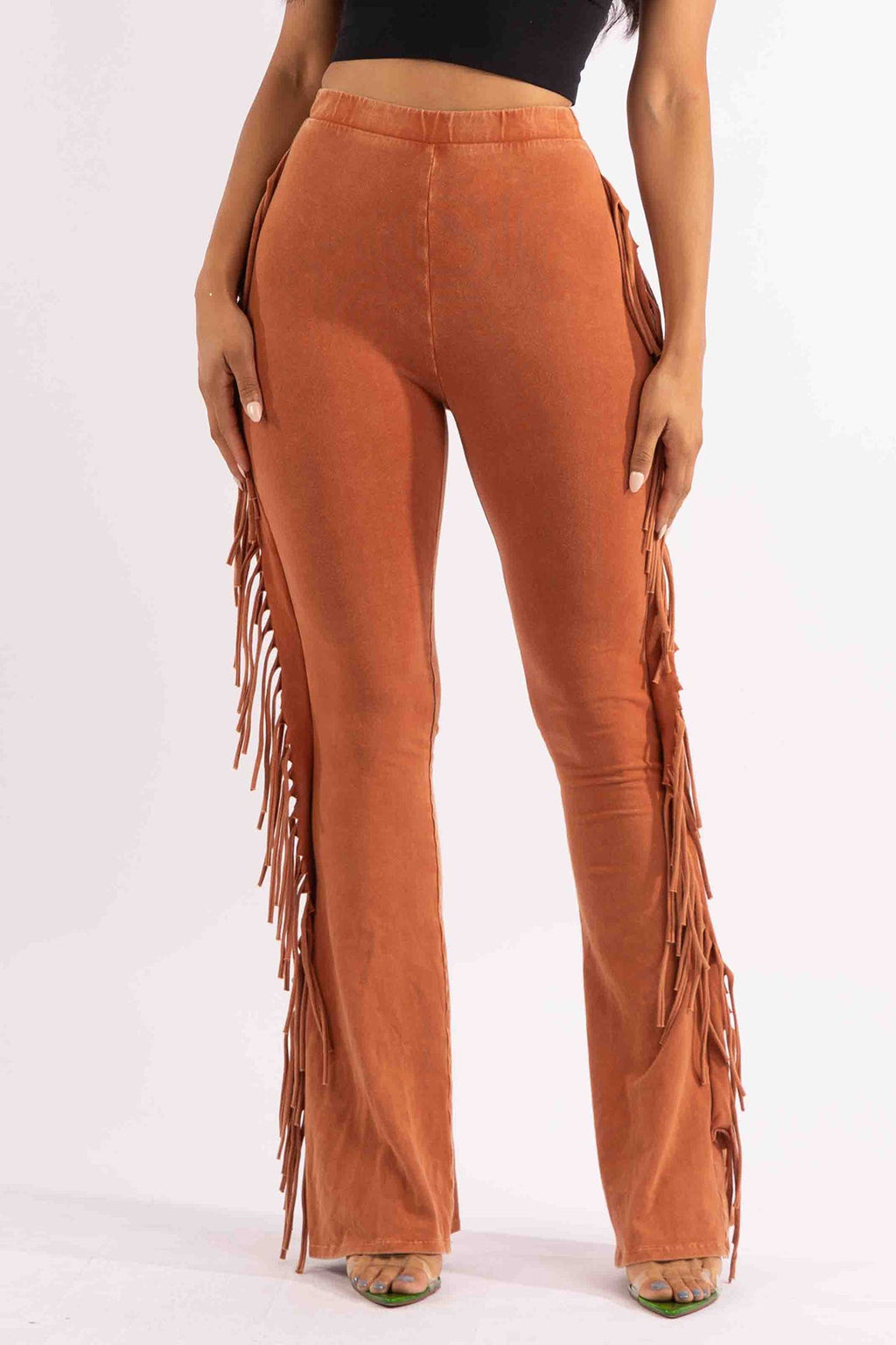 Rust fringe trim mineral wash pants, detail view on model