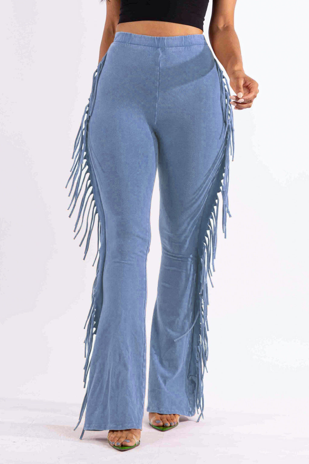 Denim fringe trim mineral wash pants, alternate front view on model