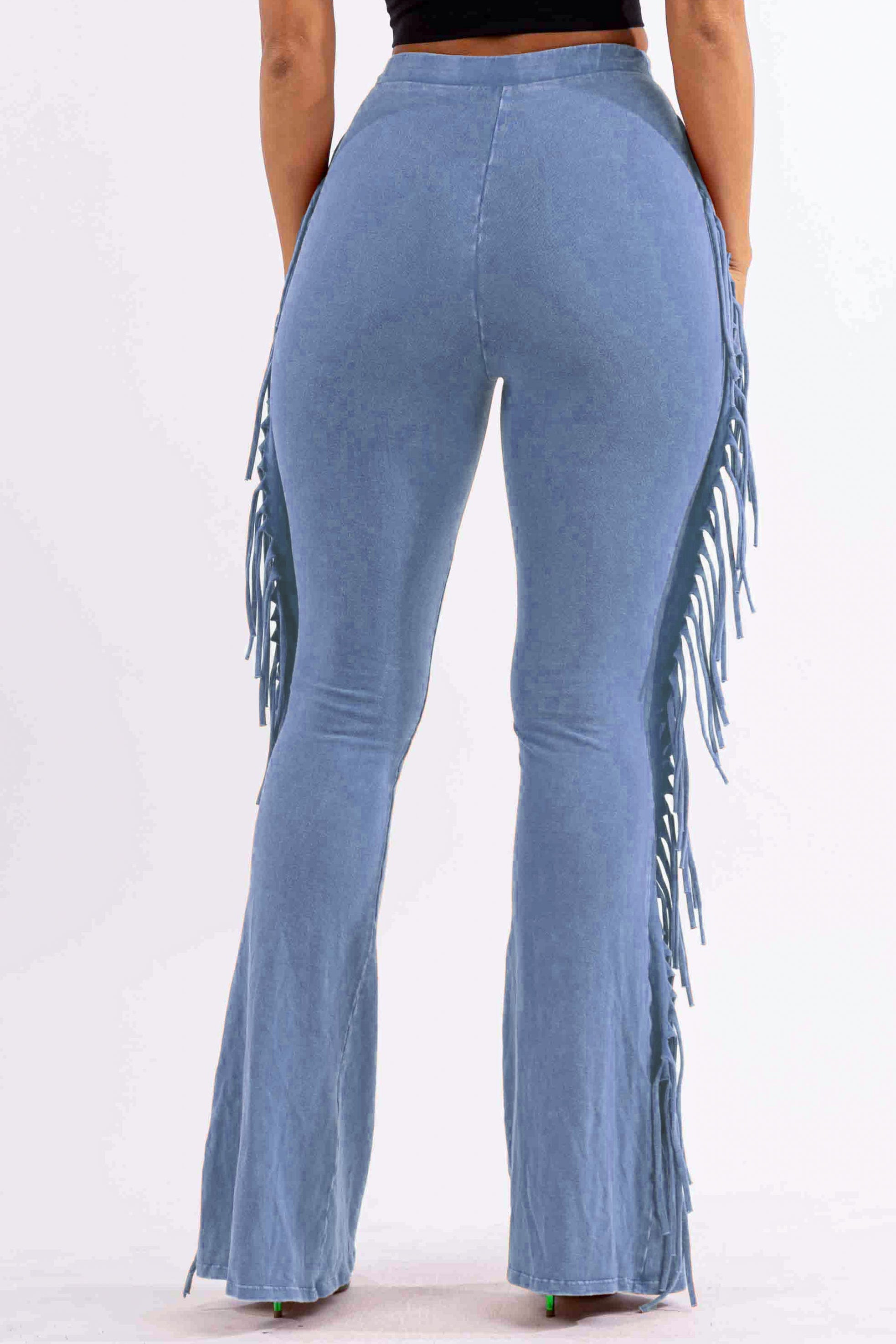Fringe trim mineral wash wide leg pants styled outfit look