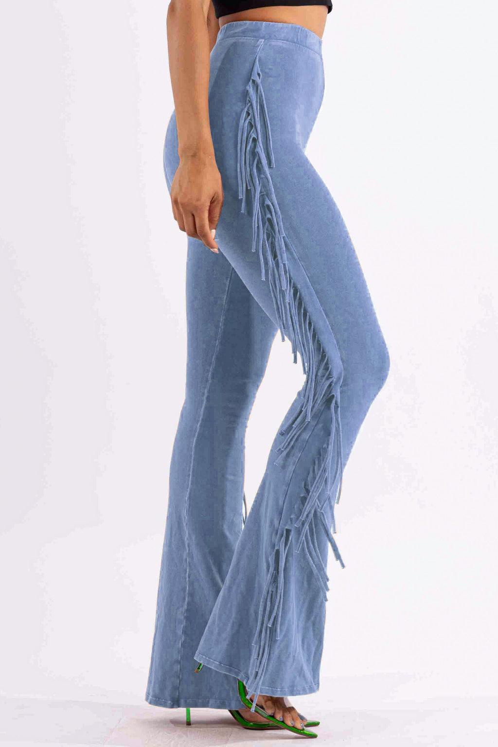Fringe trim mineral wash wide leg pants styled outfit look