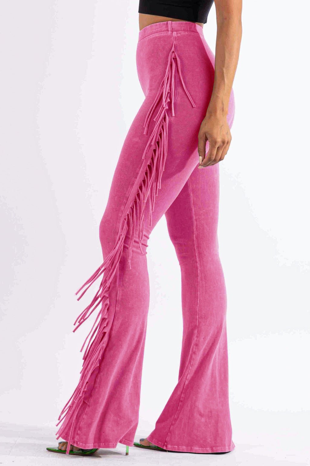 Pink fringe trim mineral wash wide leg pants styled outfit look