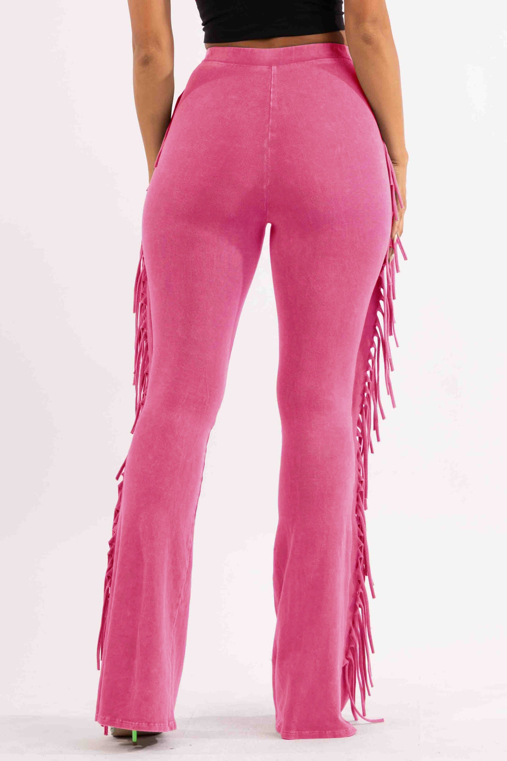 Pink fringe trim mineral wash wide leg pants styled outfit look