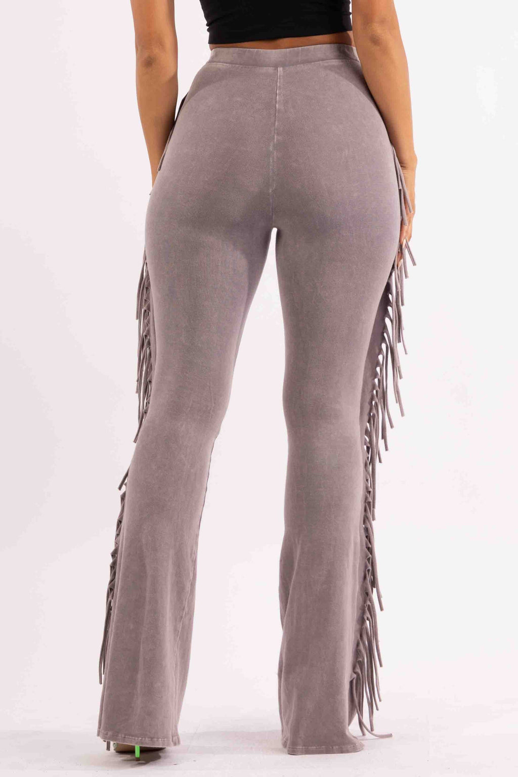 Grey fringe trim mineral wash wide leg pants styled outfit look