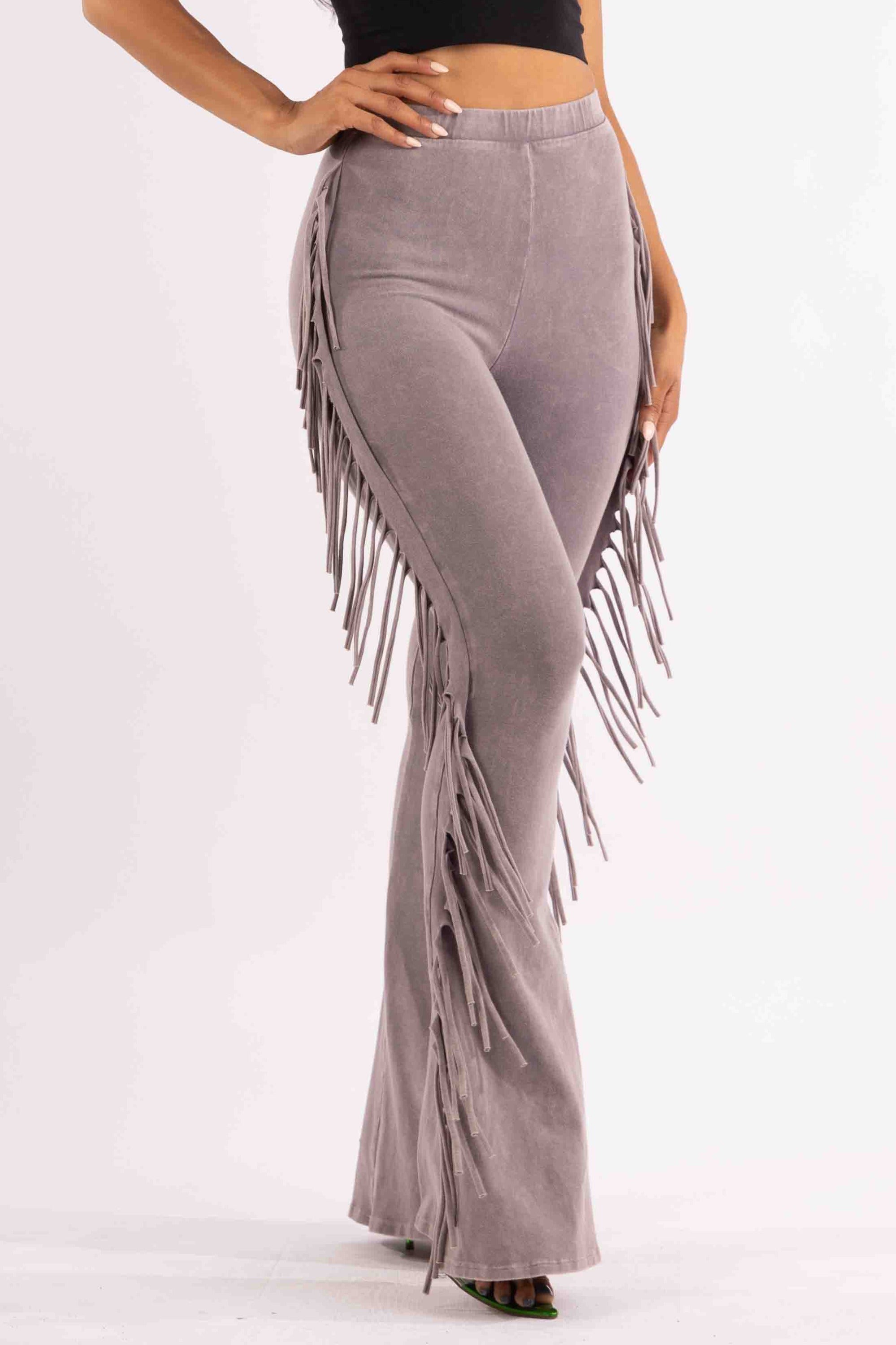 Grey fringe trim mineral wash wide leg pants styled outfit look