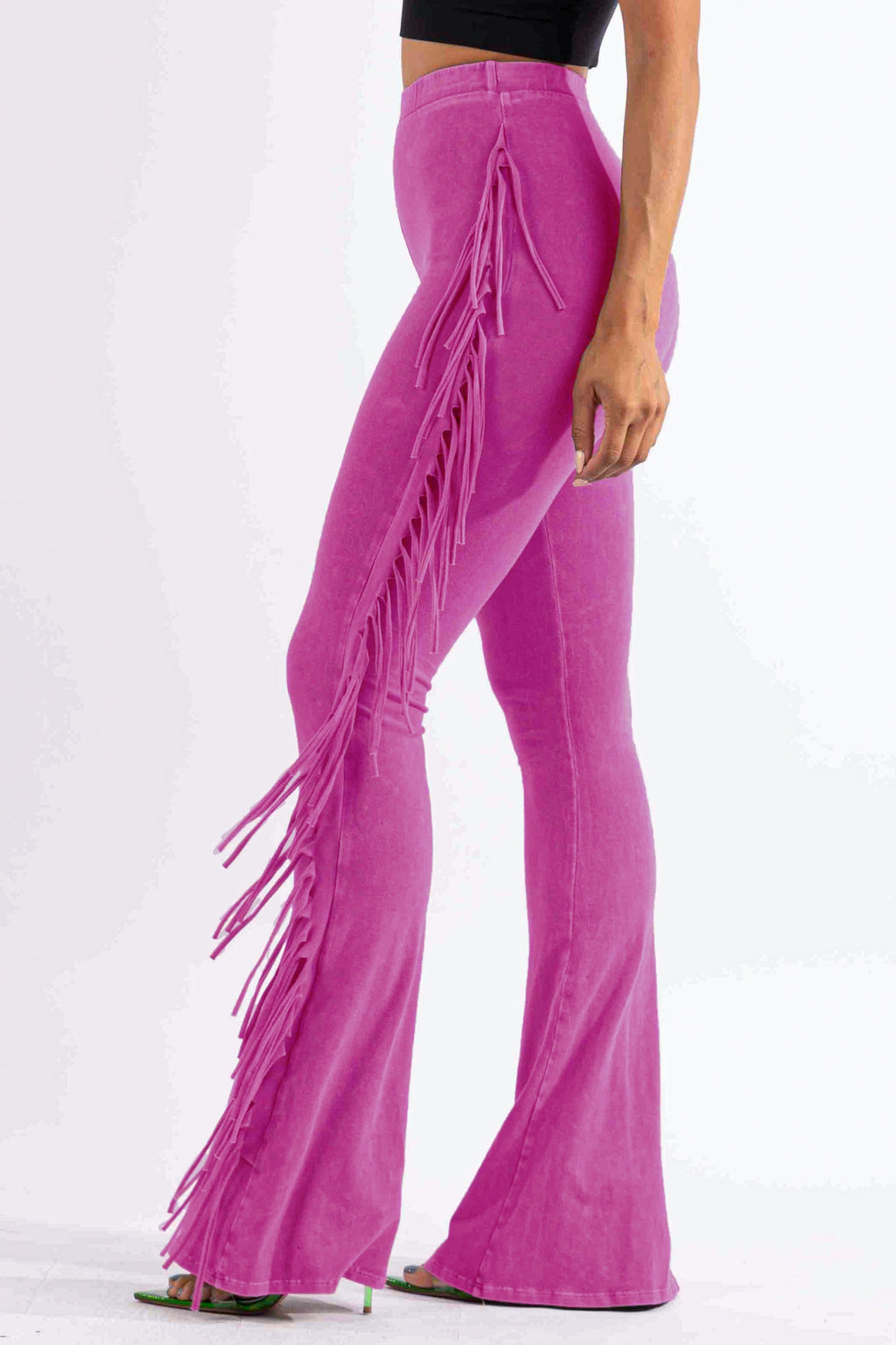 Fringe trim mineral wash wide leg pants styled outfit look