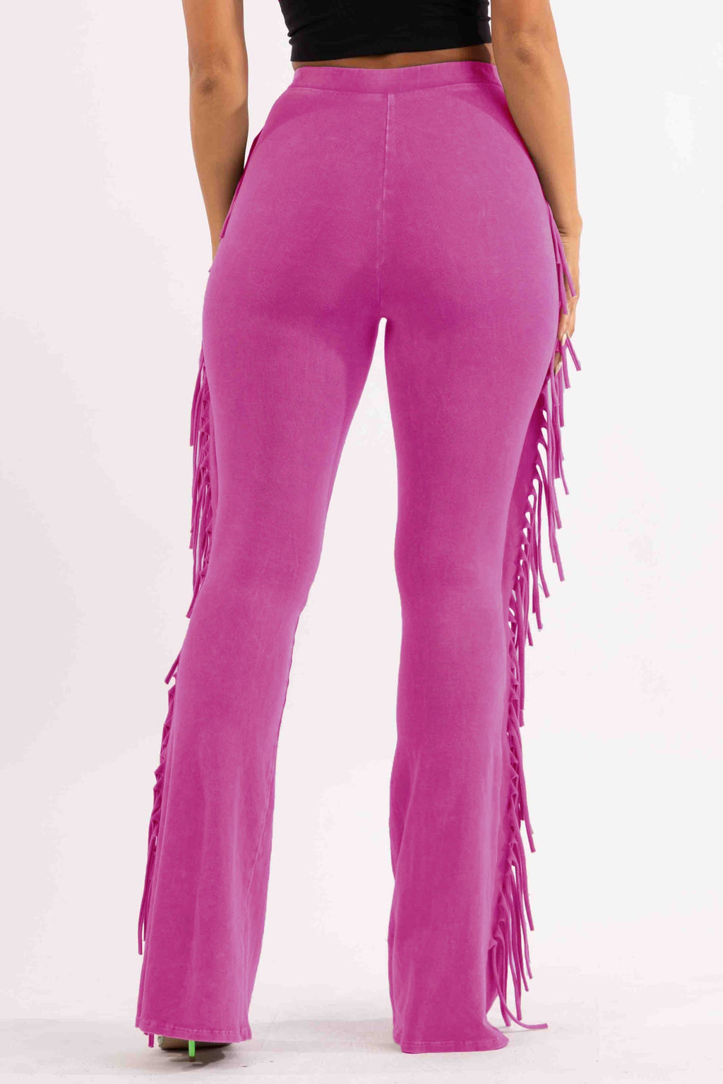 Fringe trim mineral wash wide leg pants styled outfit look