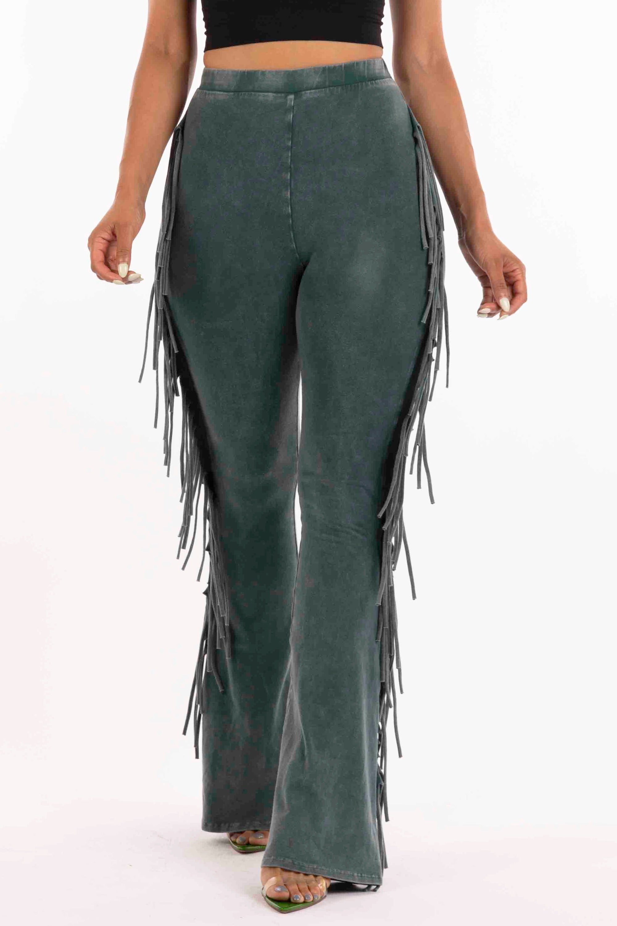 Teal fringe trim mineral wash wide leg pants styled outfit look