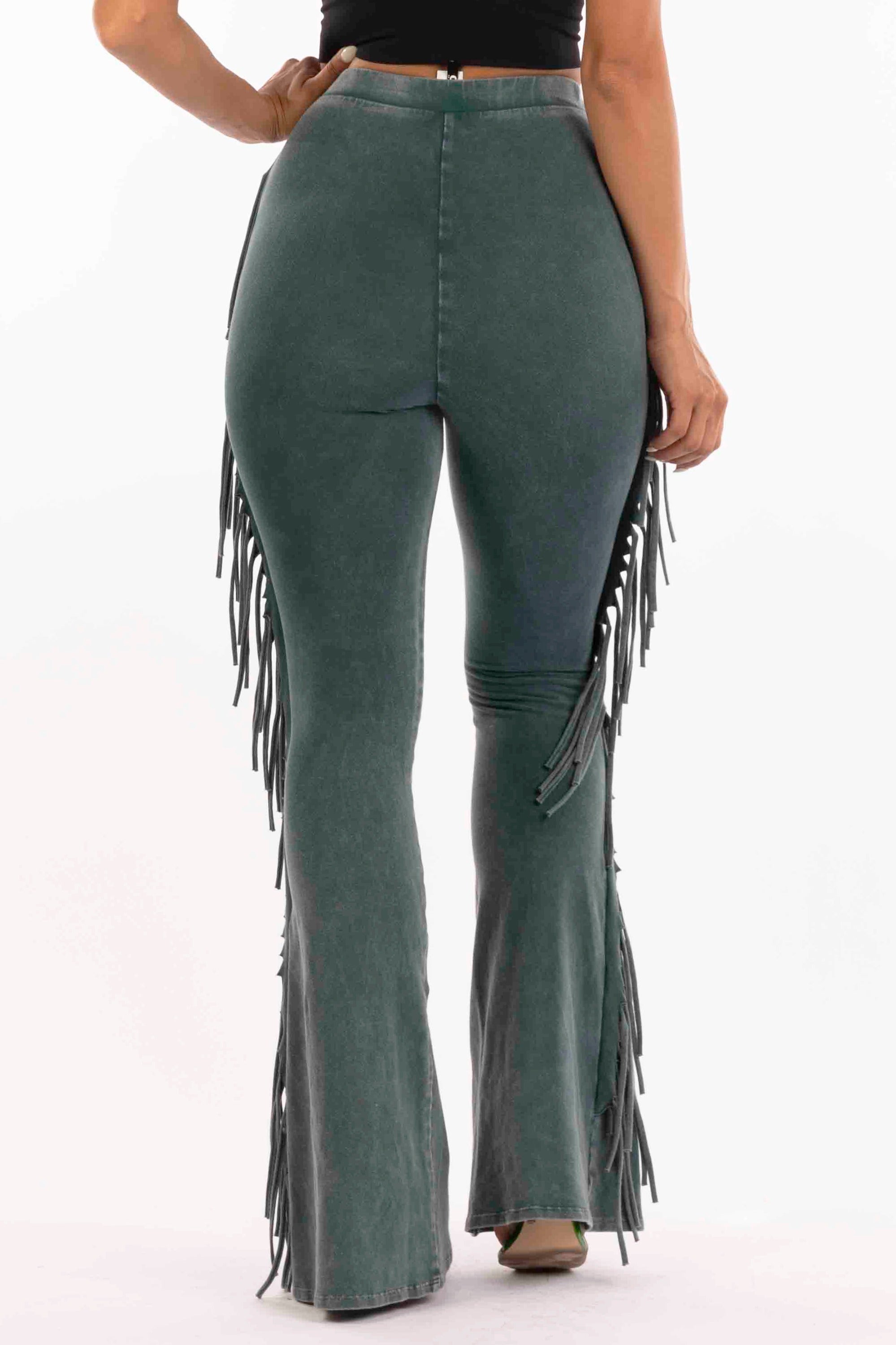 Teal fringe trim mineral wash wide leg pants styled outfit look