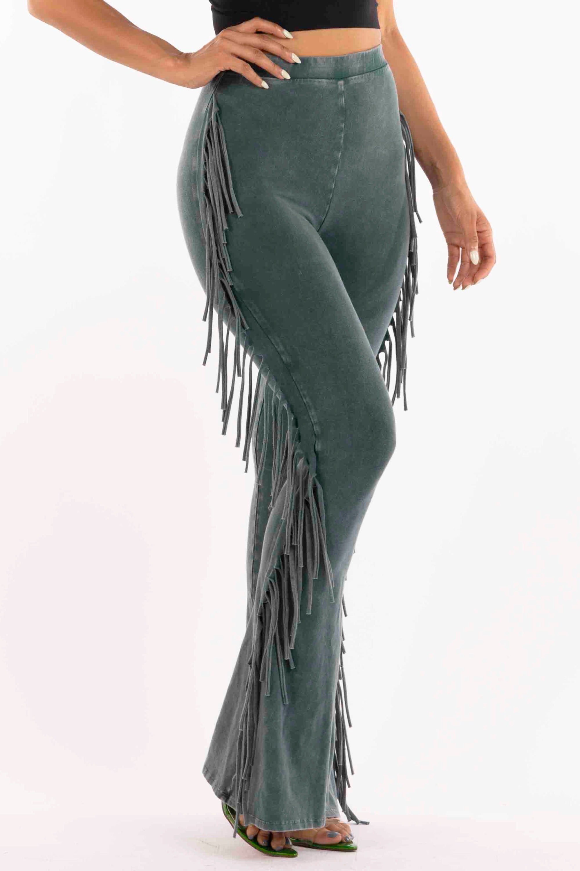 Teal fringe trim mineral wash wide leg pants styled outfit look
