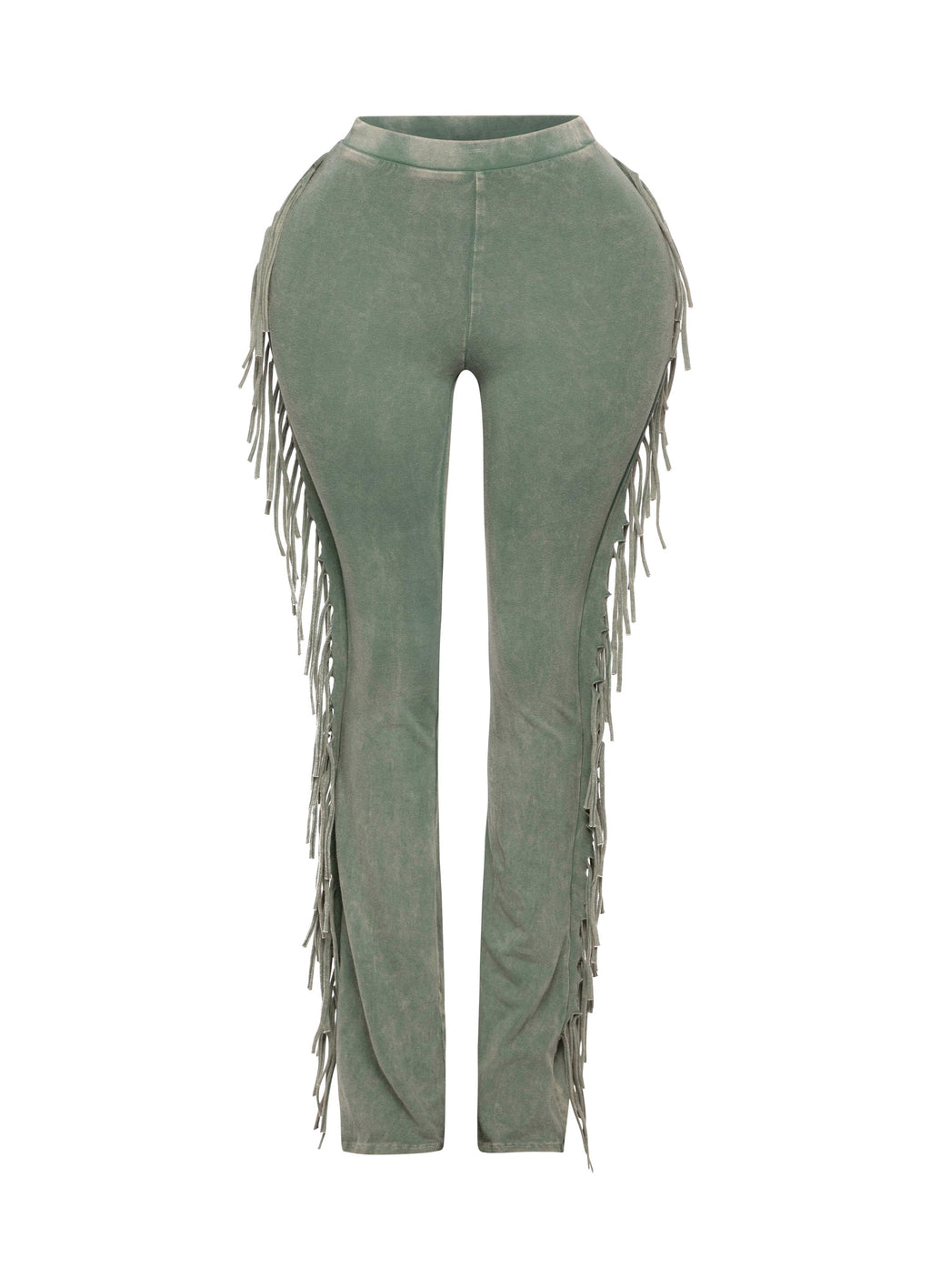 Olive fringe trim mineral wash pants, close-up view on model
