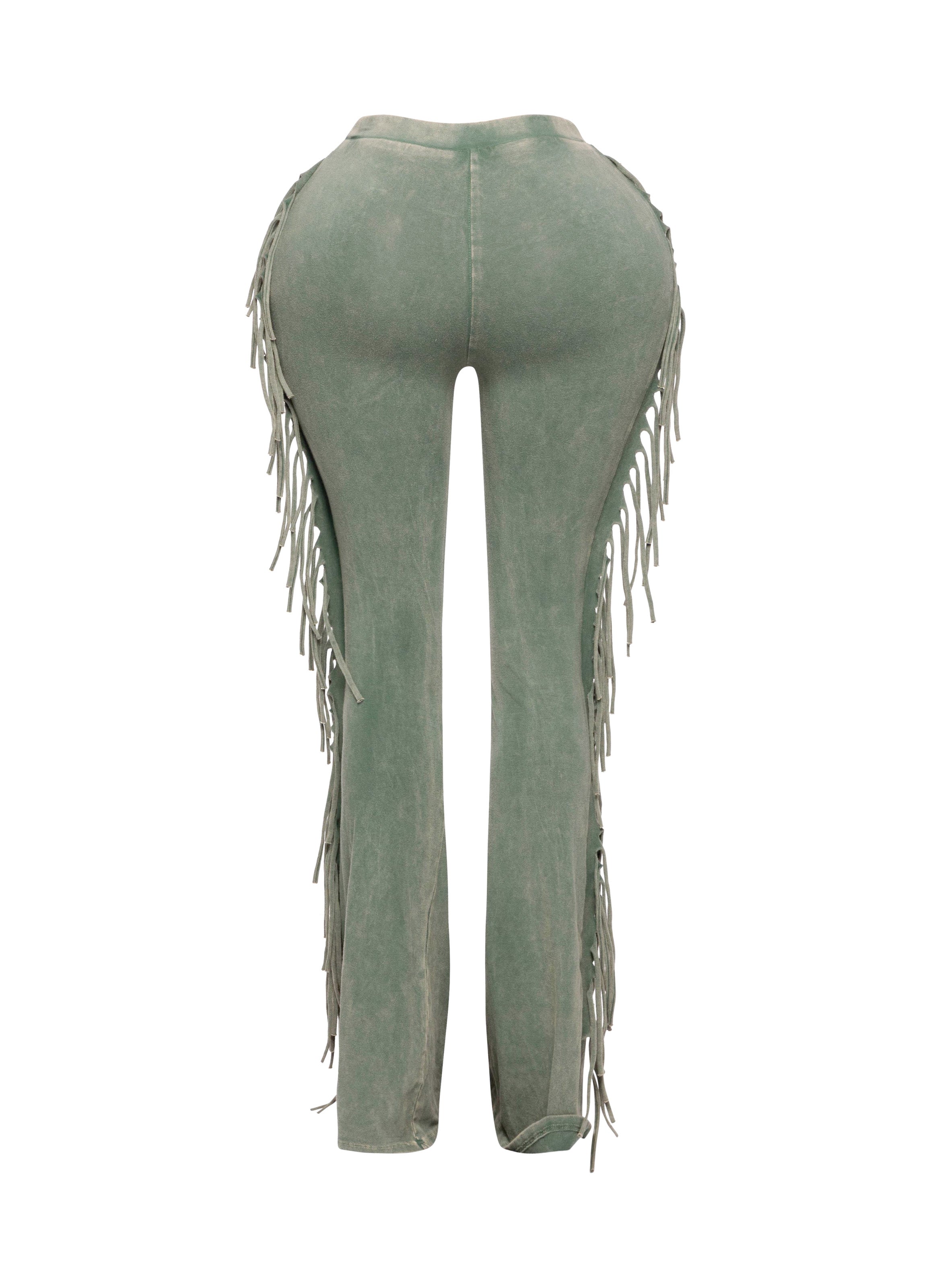 Fringe trim mineral wash wide leg pants styled outfit look