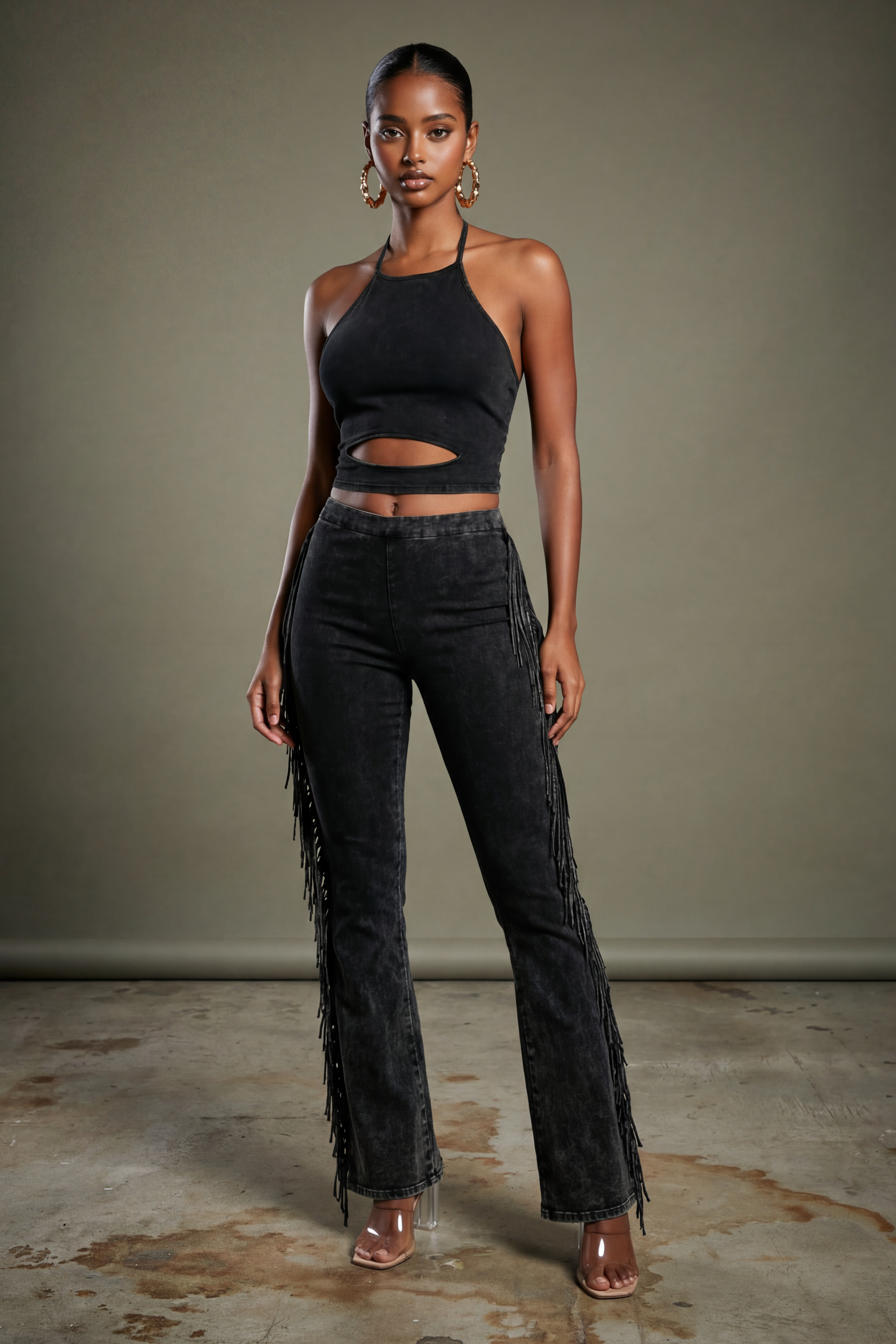 Charcoal fringe hem mineral wash wide leg pants with tie-dye effect, front view