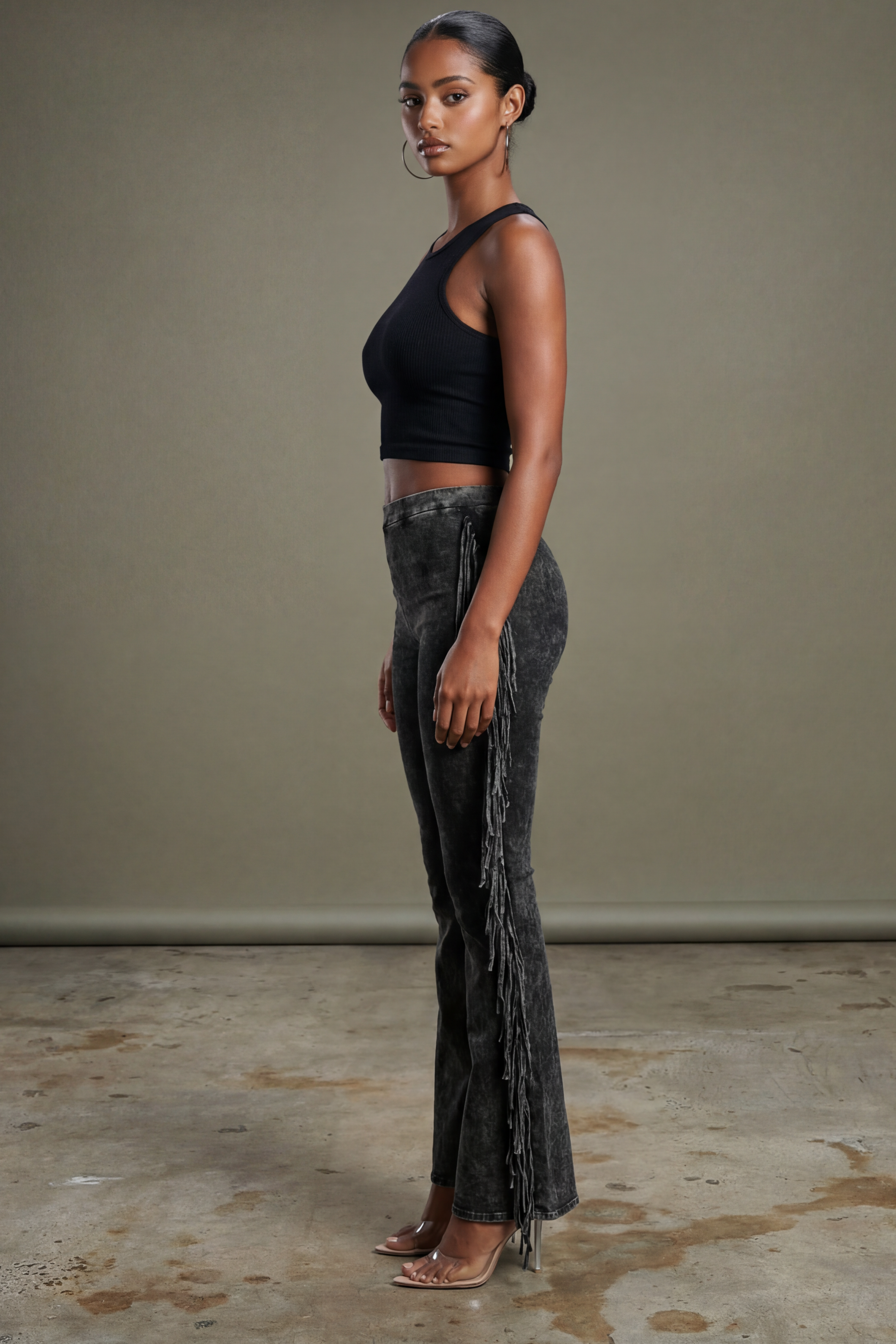 Charcoal fringe trim mineral wash wide leg pants, back view