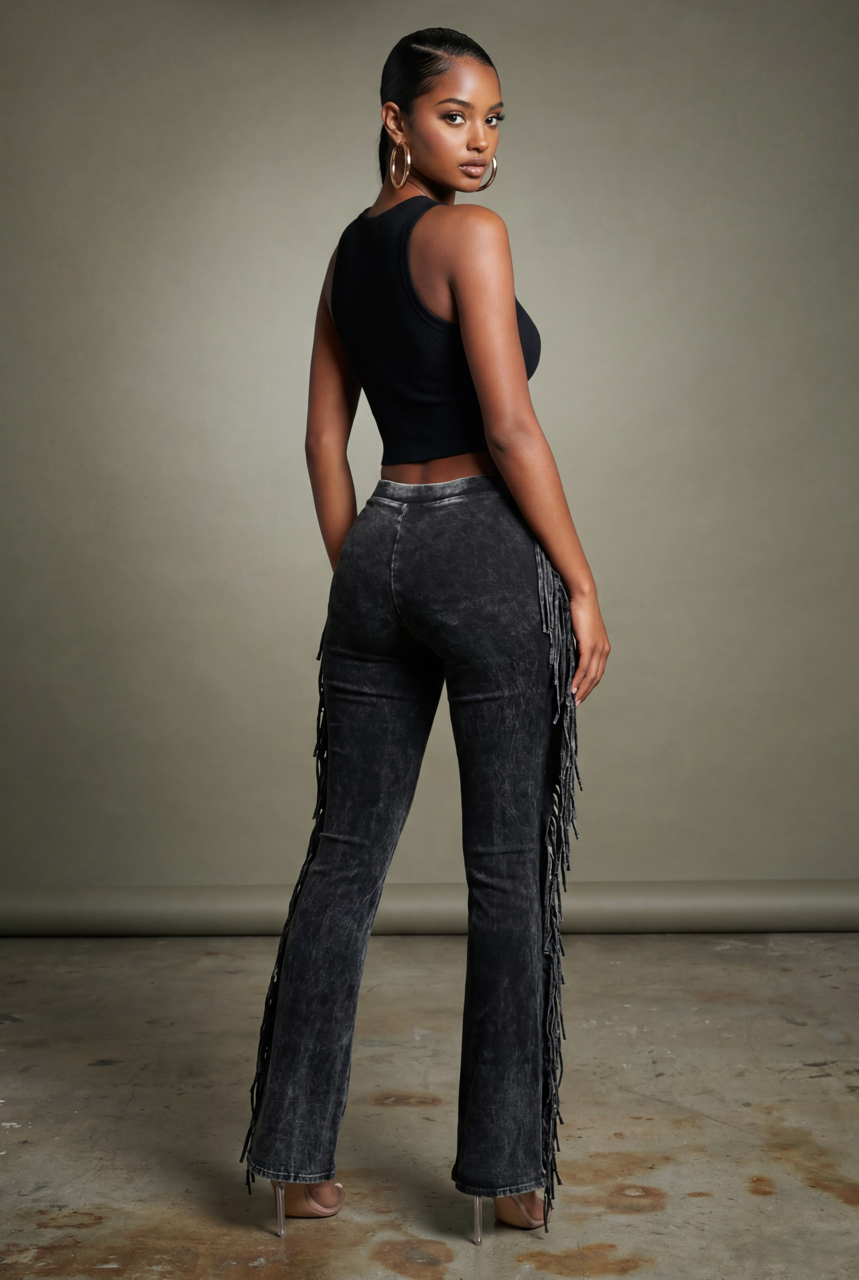 Charcoal fringe hem mineral wash wide leg pants with tie-dye effect, front view