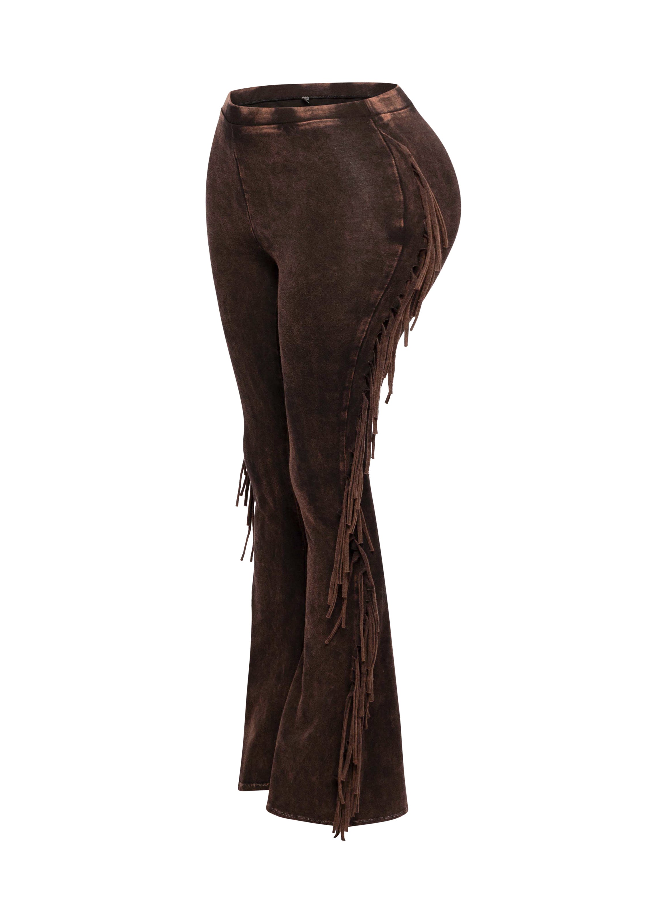 Dark brown fringe trim mineral wash wide leg pants styled outfit look