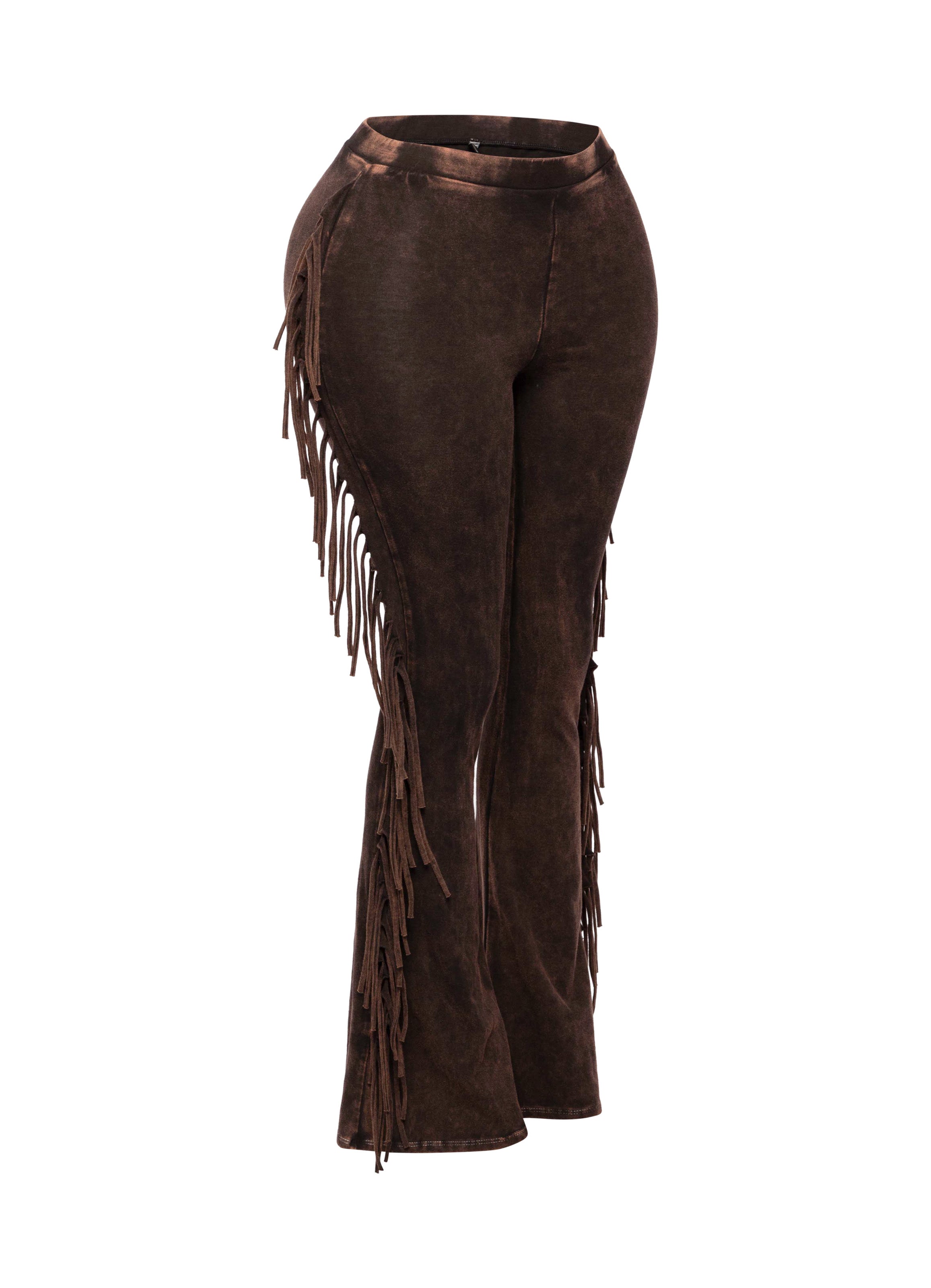 Dark brown fringe trim mineral wash wide leg pants styled outfit look