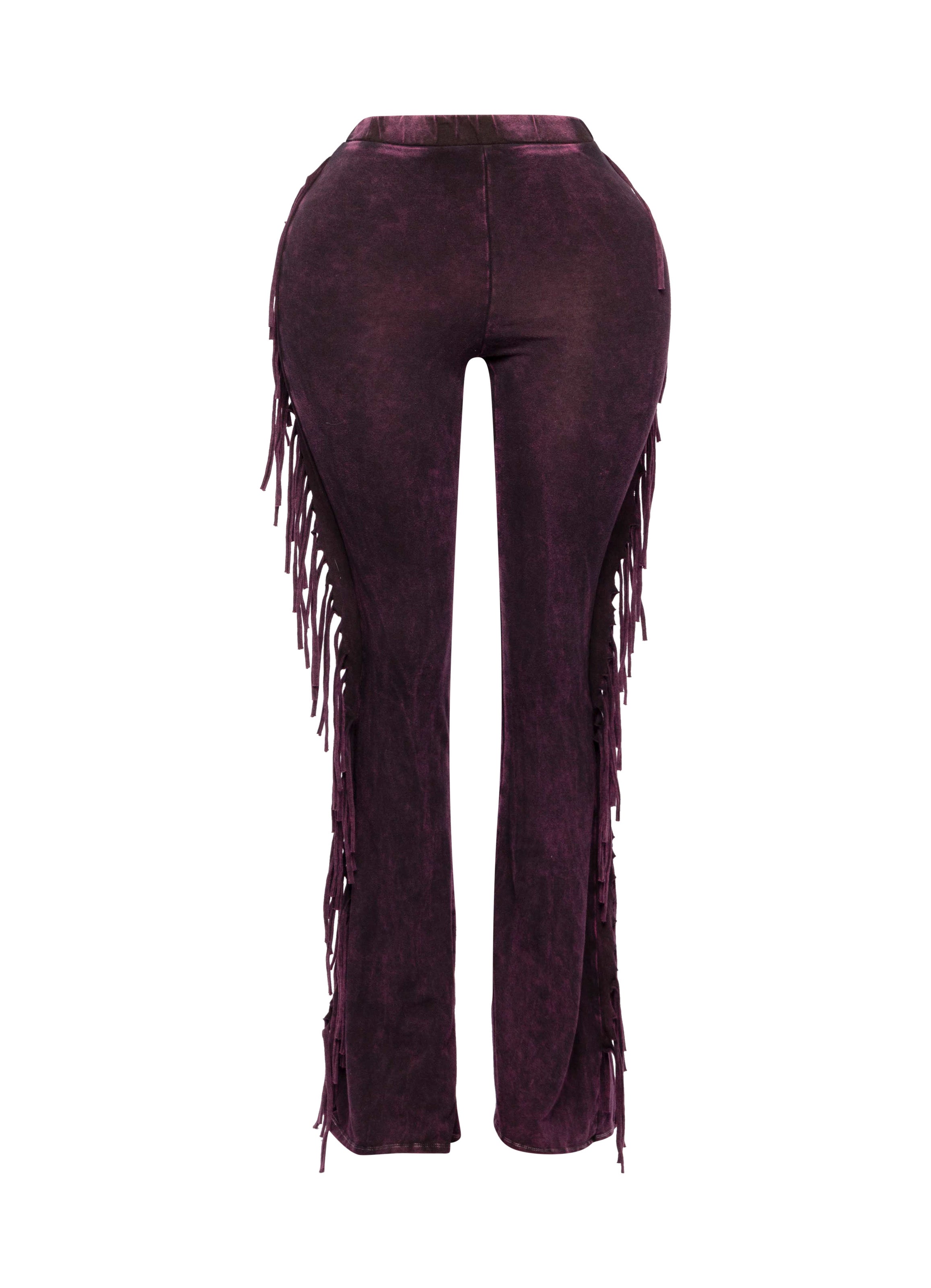 Dark fuchsia fringe trim mineral wash wide leg pants styled outfit look