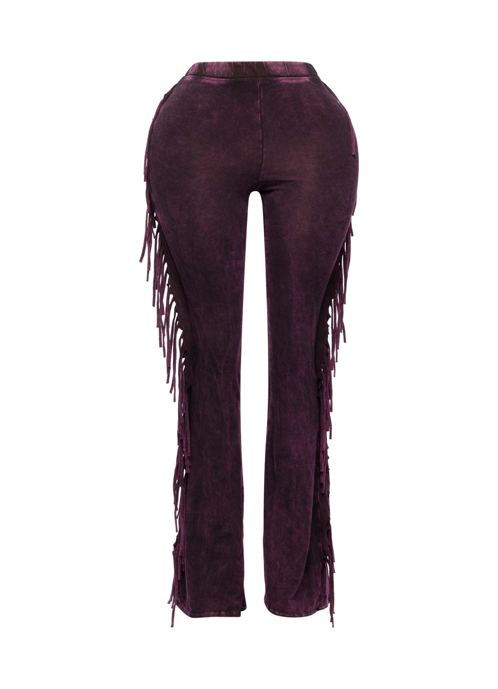 Dark fuchsia fringe trim mineral wash pants, back view on model