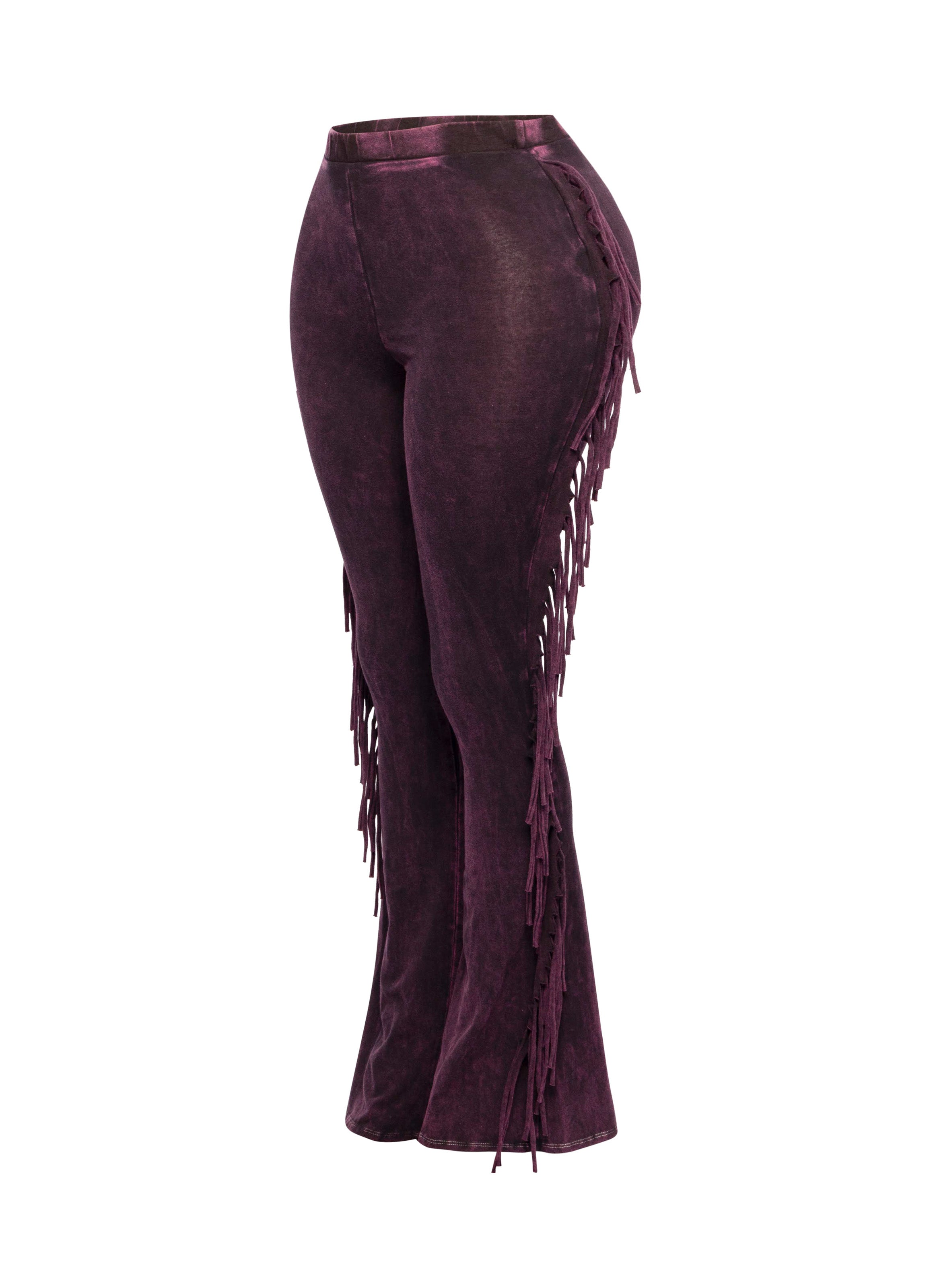 Dark fuchsia fringe trim mineral wash wide leg pants styled outfit look