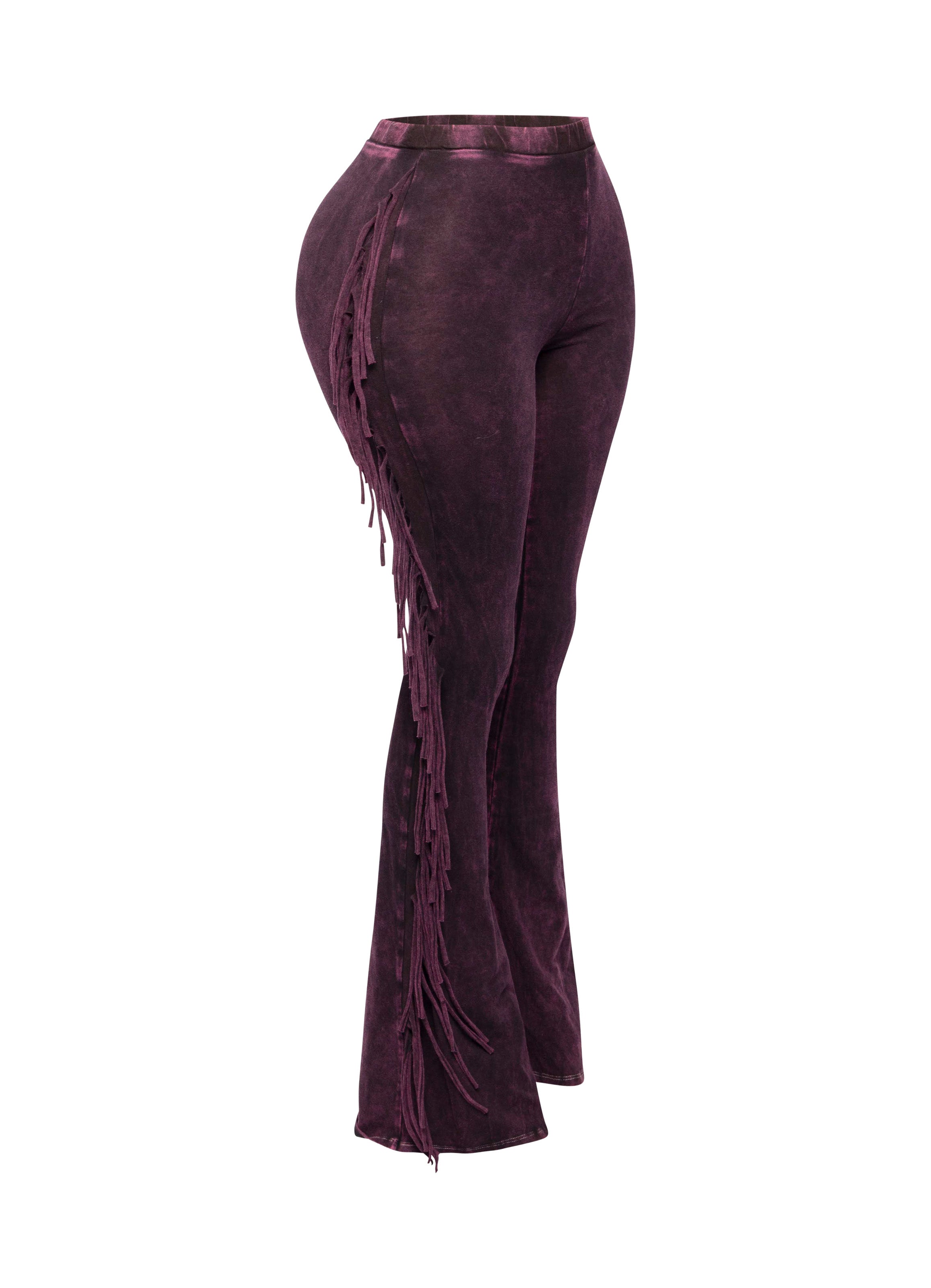 Dark fuchsia fringe trim mineral wash wide leg pants styled outfit look