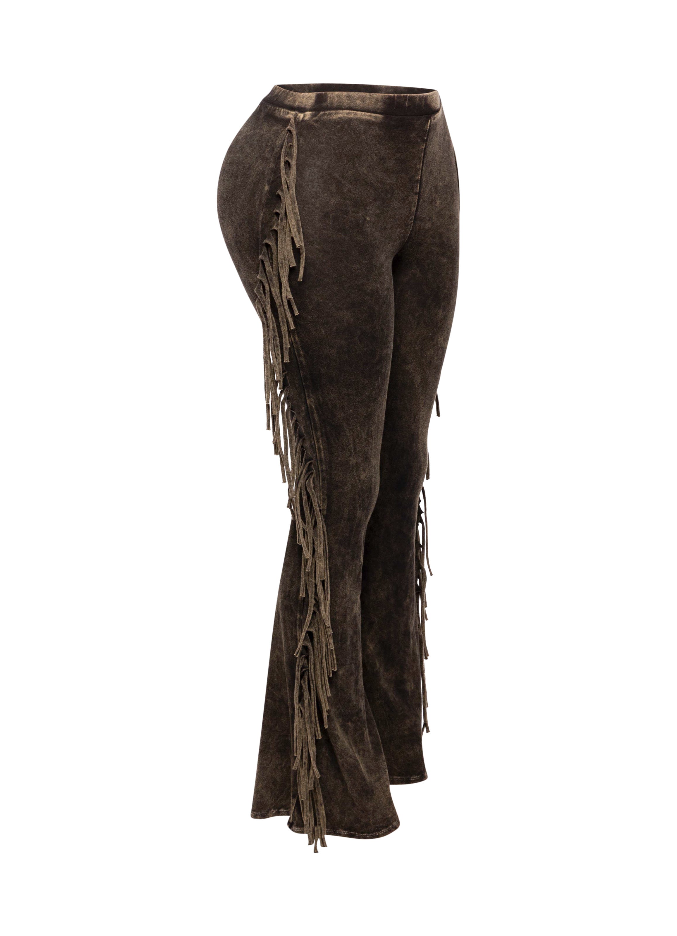 Dark mustard fringe trim mineral wash wide leg pants styled outfit look