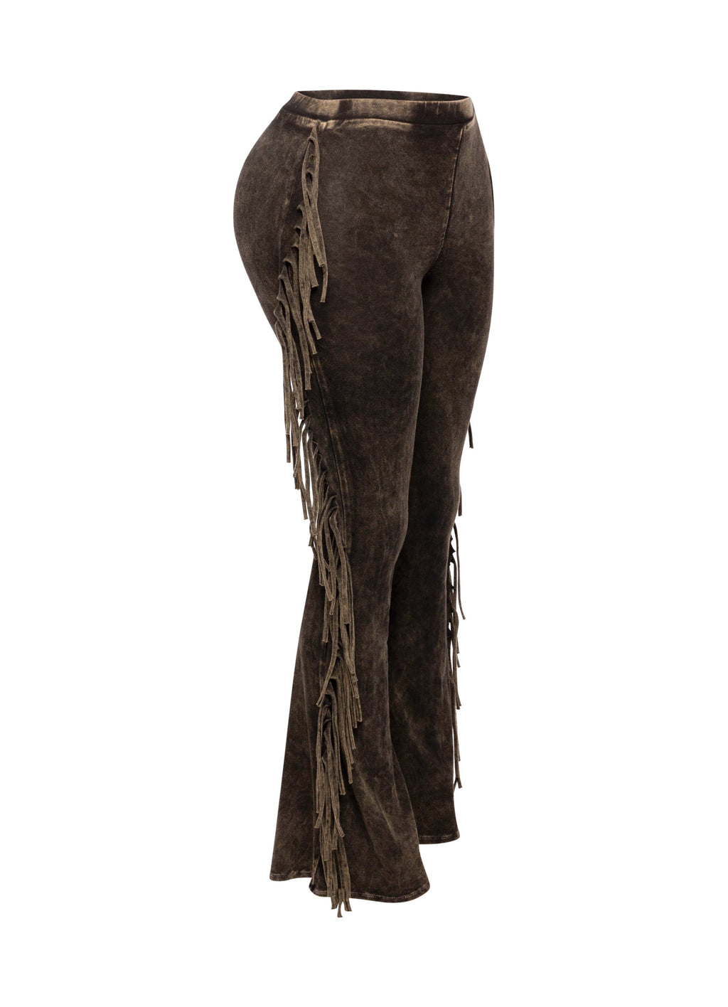 Dark mustard fringe trim mineral wash pants, alternate front view on model