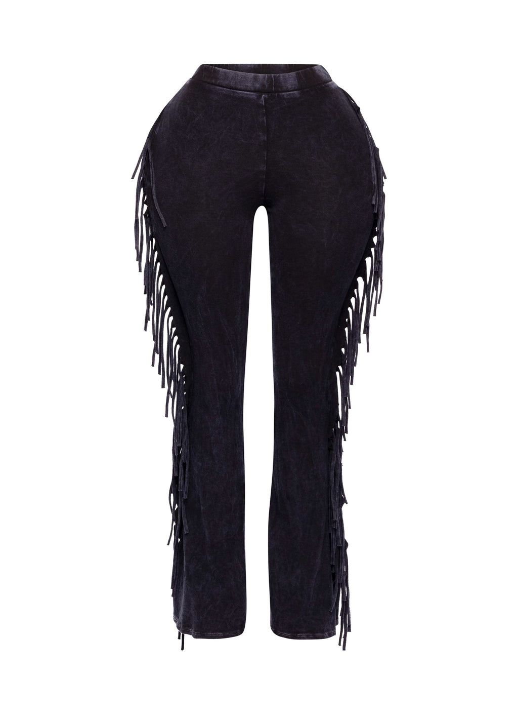 Dark navy fringe trim mineral wash pants, side view on model