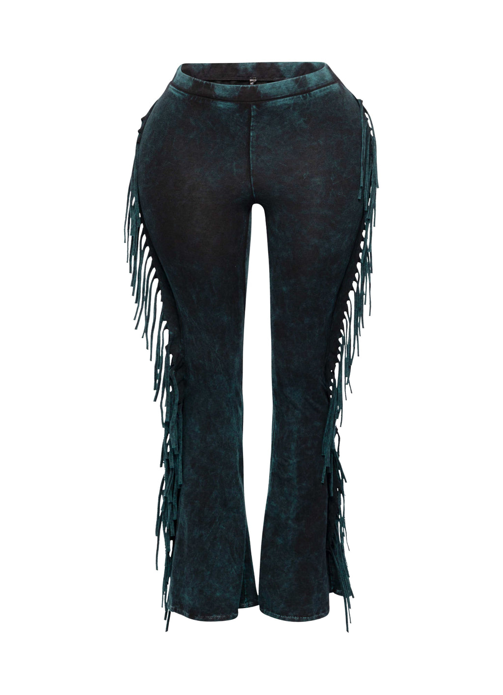 Dark teal fringe trim mineral wash pants, front view on model
