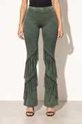 Muvin women's olive mineral washed fringe flare pants, front view with two diagonal fringe rows on each leg