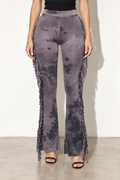Muvin women's grey combo tie dye fringe flare pants, front view showing narrow waistband and charcoal tie dye