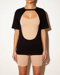 Muvin women's black front cutout oversize top, front view on model