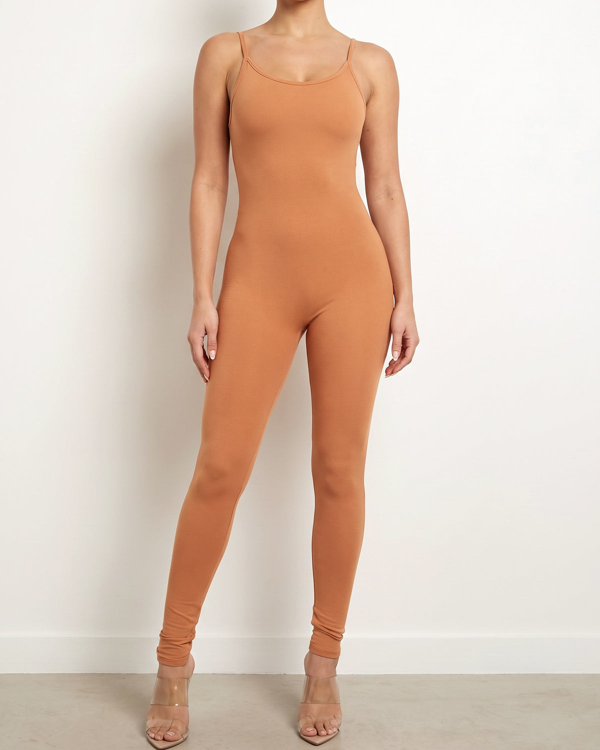 Muvin women's clay soft jersey jumpsuit, front view on model