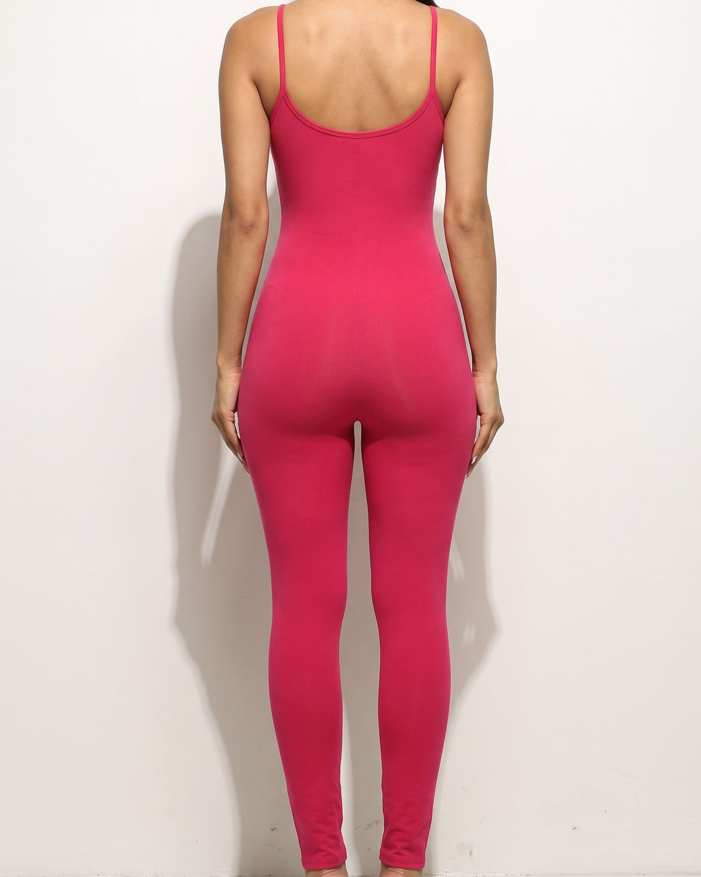 Fuchsia soft jersey jumpsuit, back view on model