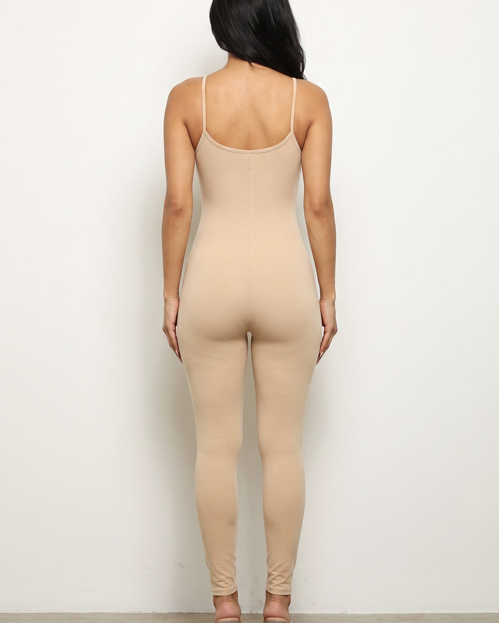 Nude soft jersey jumpsuit, back view on model